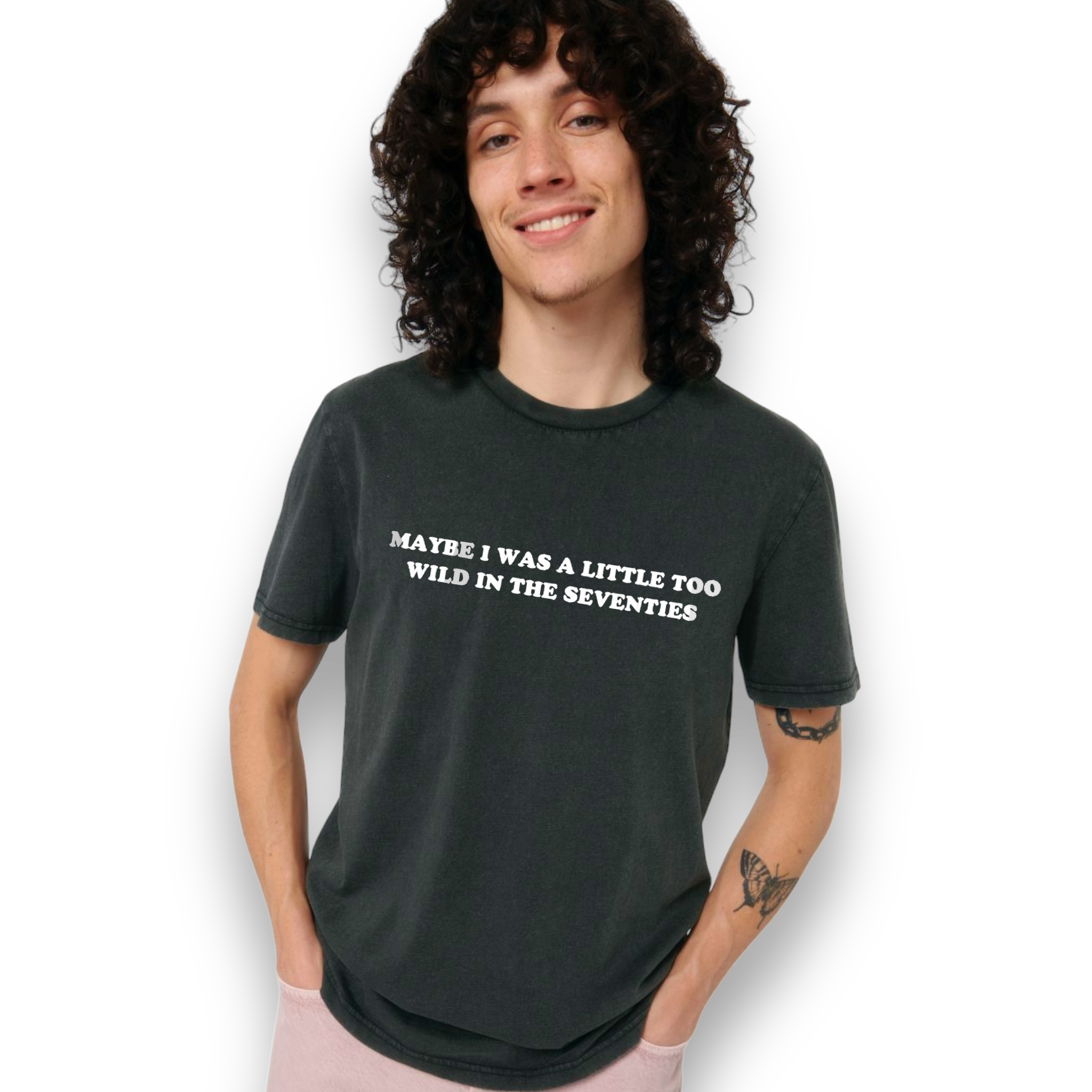 'MAYBE I WAS A LITTLE TOO WILD IN THE SEVENTIES' embroidered premium organic unisex vintage aged t-shirt - inspired by Arctic Monkeys