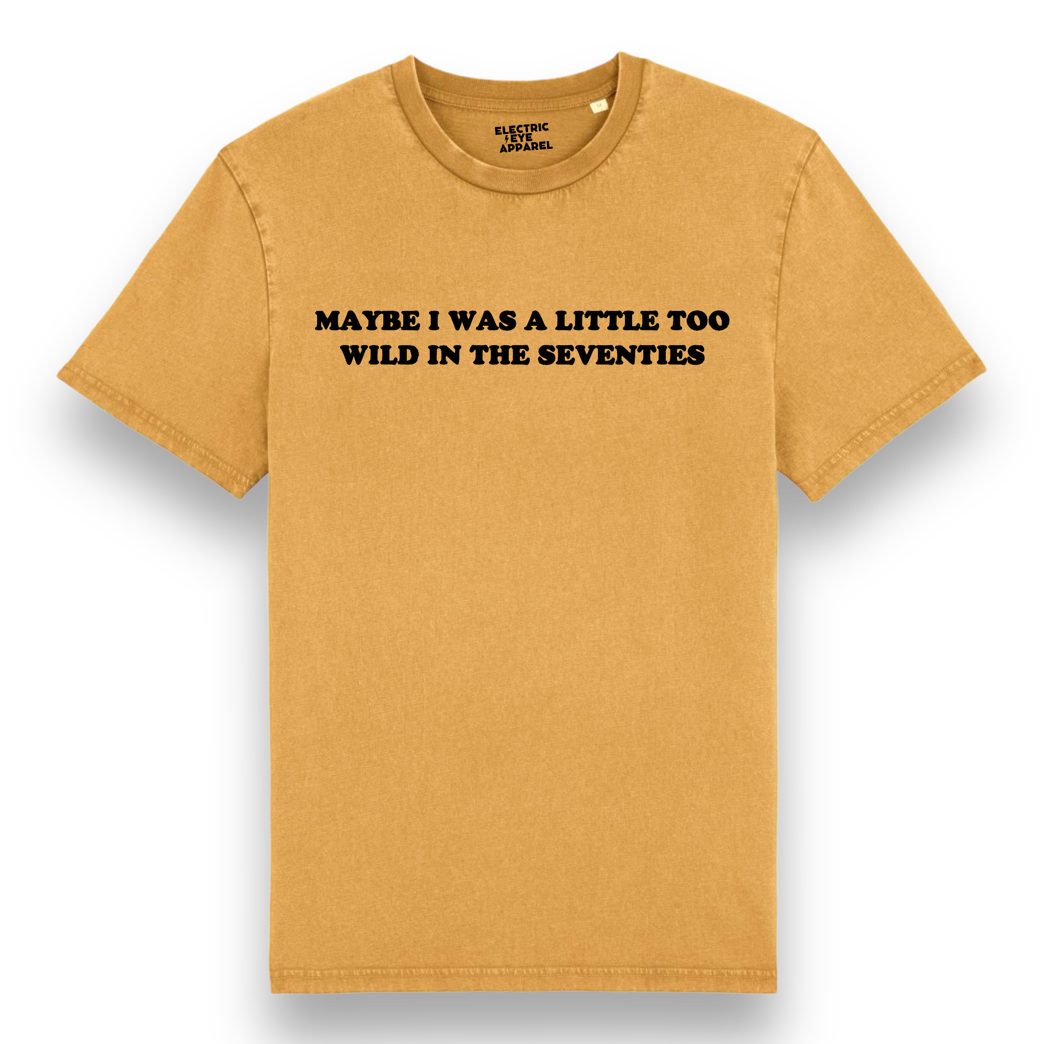 'MAYBE I WAS A LITTLE TOO WILD IN THE SEVENTIES' embroidered premium organic unisex vintage aged t-shirt - inspired by Arctic Monkeys