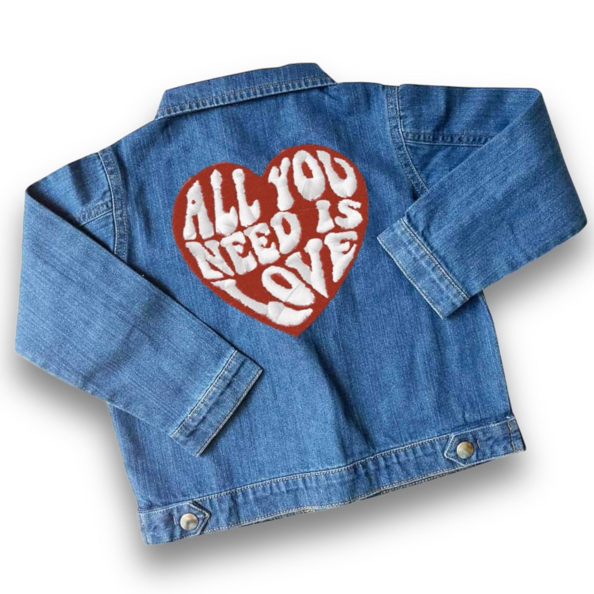 'ALL YOU NEED IS LOVE' retro 70s heart badge embroidered 100% organic cotton 'Baby Rocks' denim jacket - inspired by The Beatles