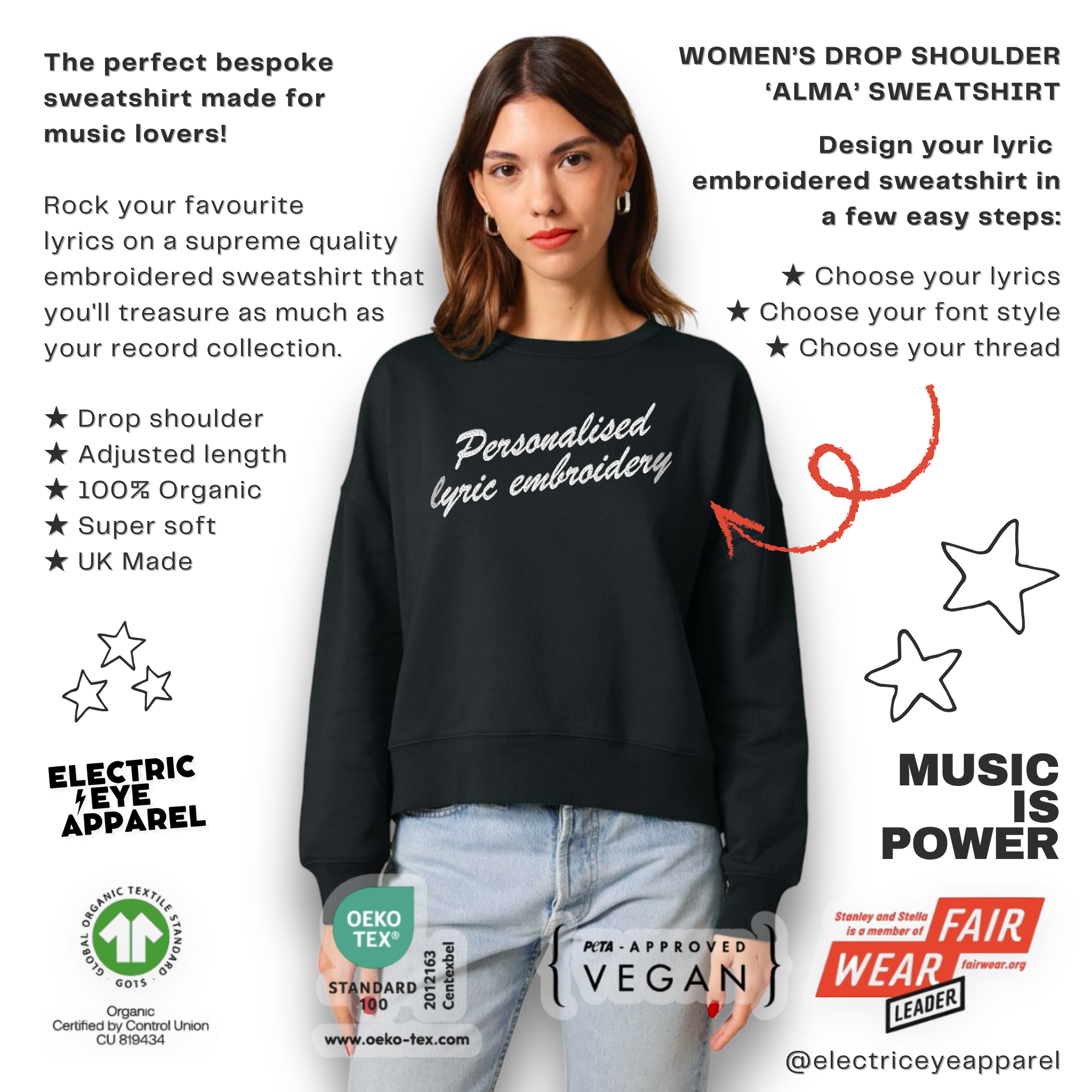 Personalised Lyric Centre Chest Embroidered premium organic women's drop shoulder 'Alma' sweatshirt - choose your own lyrics, font and thread colour