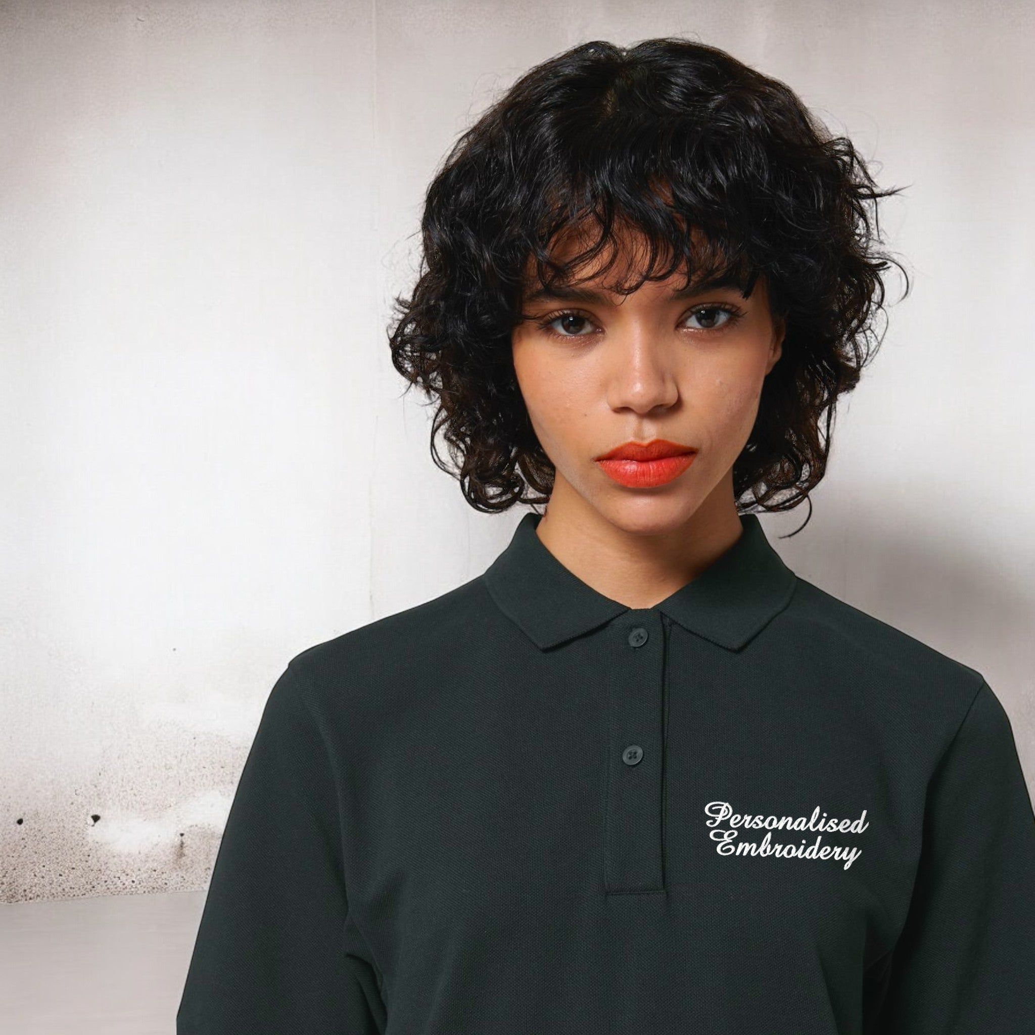 Personalised Lyric Left Chest Embroidered premium organic women's 'Amy' polo shirt dress- choose your own lyrics, font and thread colour