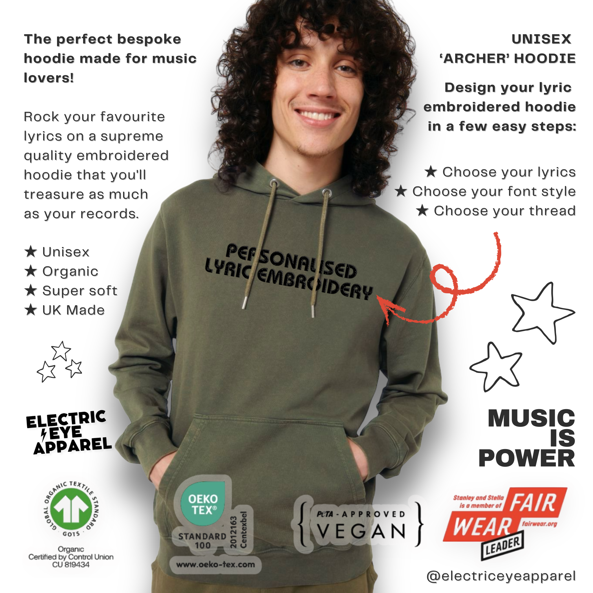 Personalised Lyric Centre Chest Embroidered premium organic unisex vintage aged 'Archer' hoodie - choose your own lyrics, font and thread colour