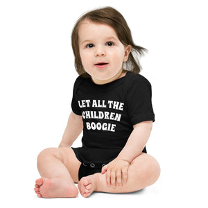 LET ALL THE CHILDREN BOOGIE Printed Baby short sleeve one piece - white text