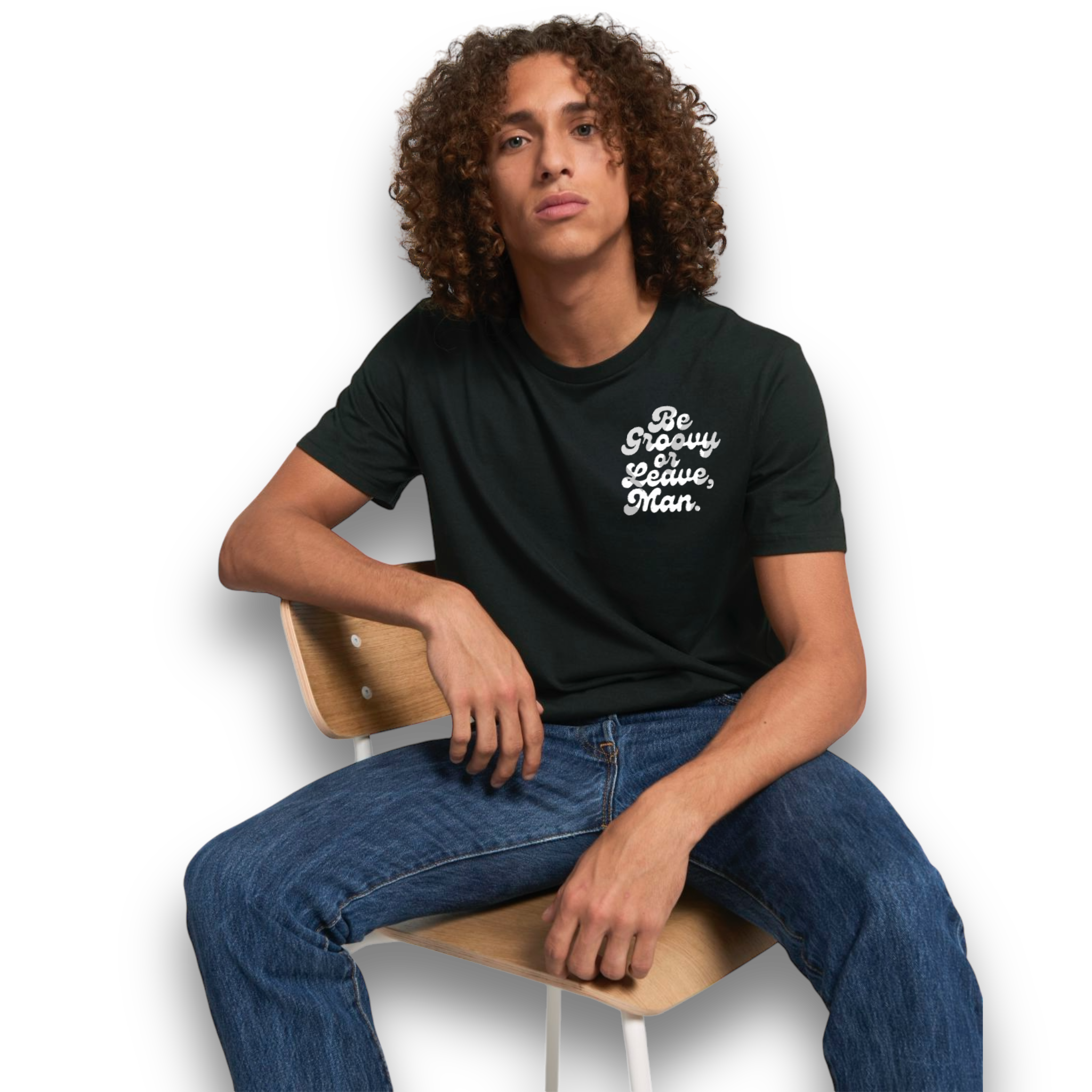 'BE GROOVY OR LEAVE, MAN.' 1970s style left chest embroidered premium organic unisex medium fit 'creator' t-shirt - inspired by Bob Dylan