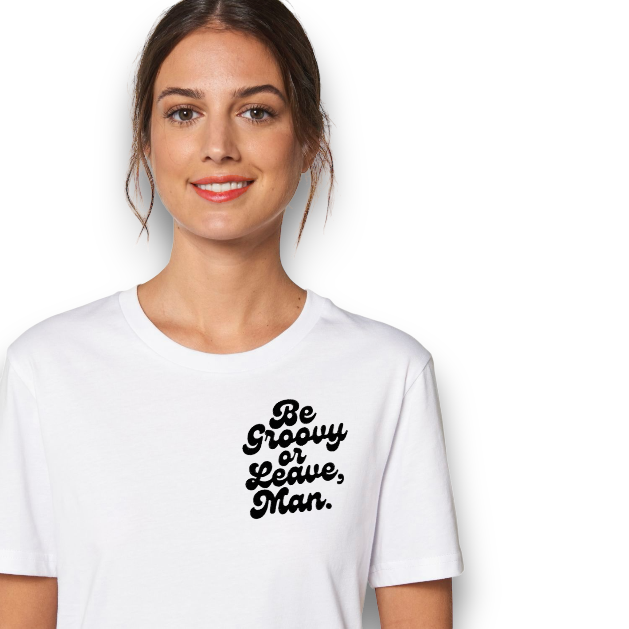 'BE GROOVY OR LEAVE, MAN.' 1970s style left chest embroidered premium organic unisex medium fit 'creator' t-shirt - inspired by Bob Dylan