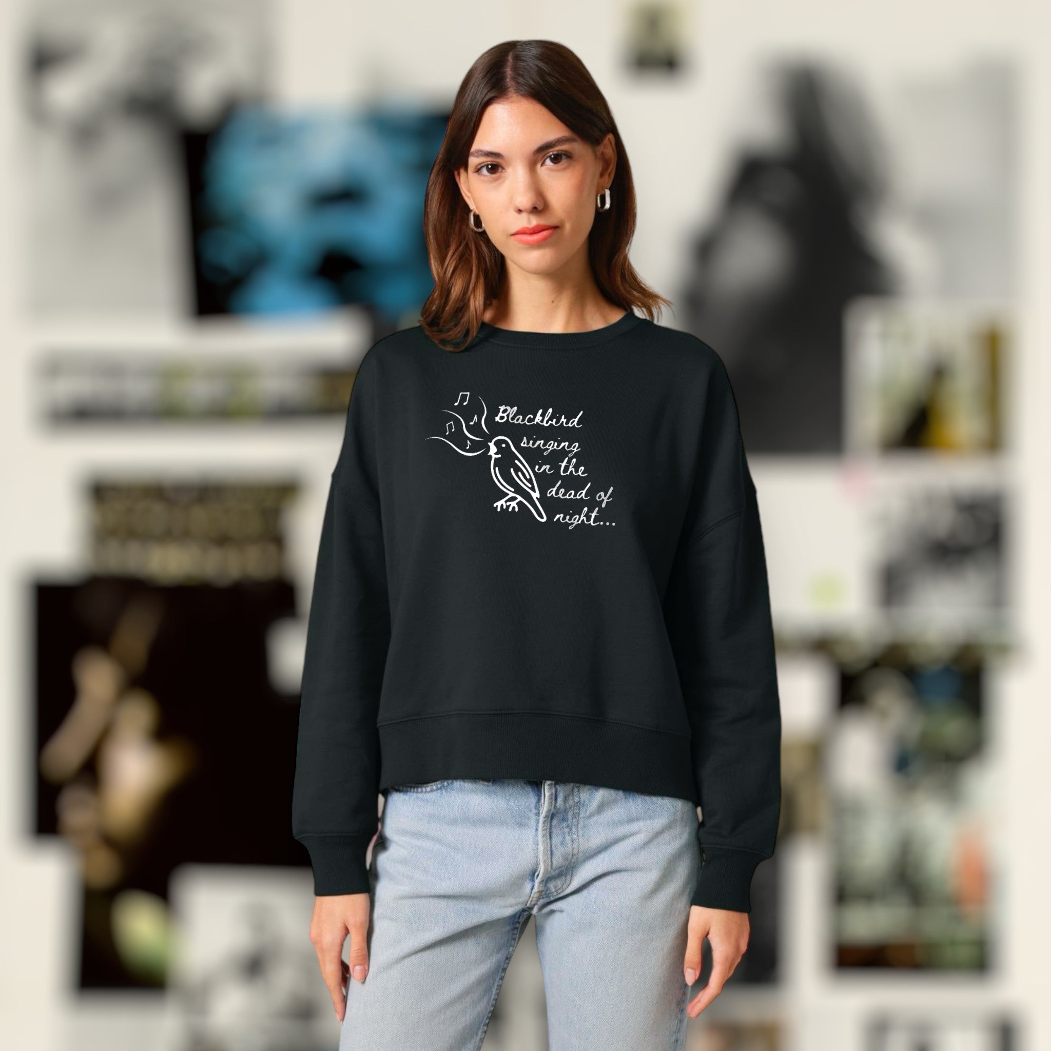 'BLACKBIRD SINGING' embroidered organic women's 90s dropped shoulder 'alma' sweatshirt - inspired by The Beatles