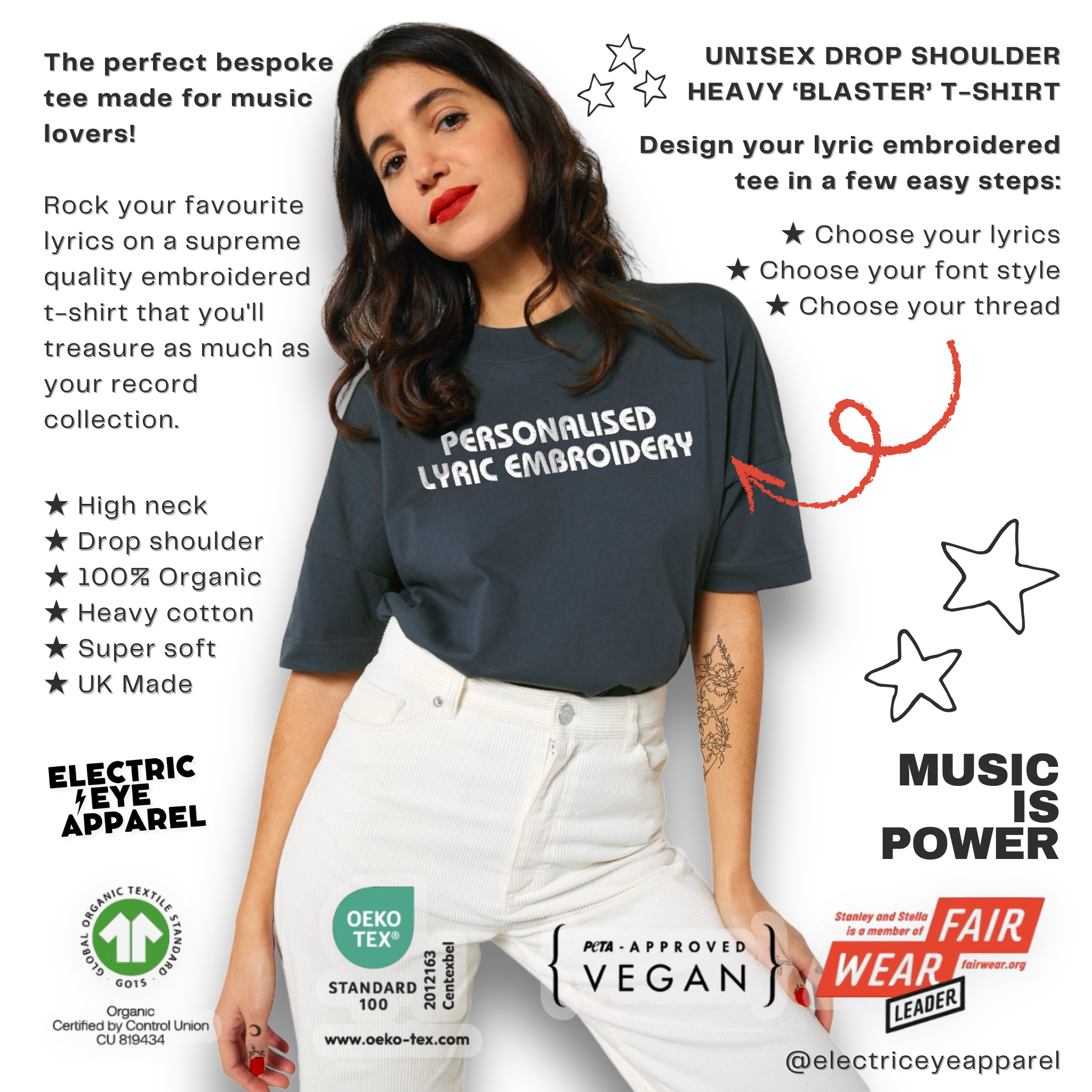 Personalised Lyric Centre Chest Embroidered premium organic iconic unisex heavy dropped shoulder 'Blaster' t-shirt - choose your own lyrics, font and thread colour