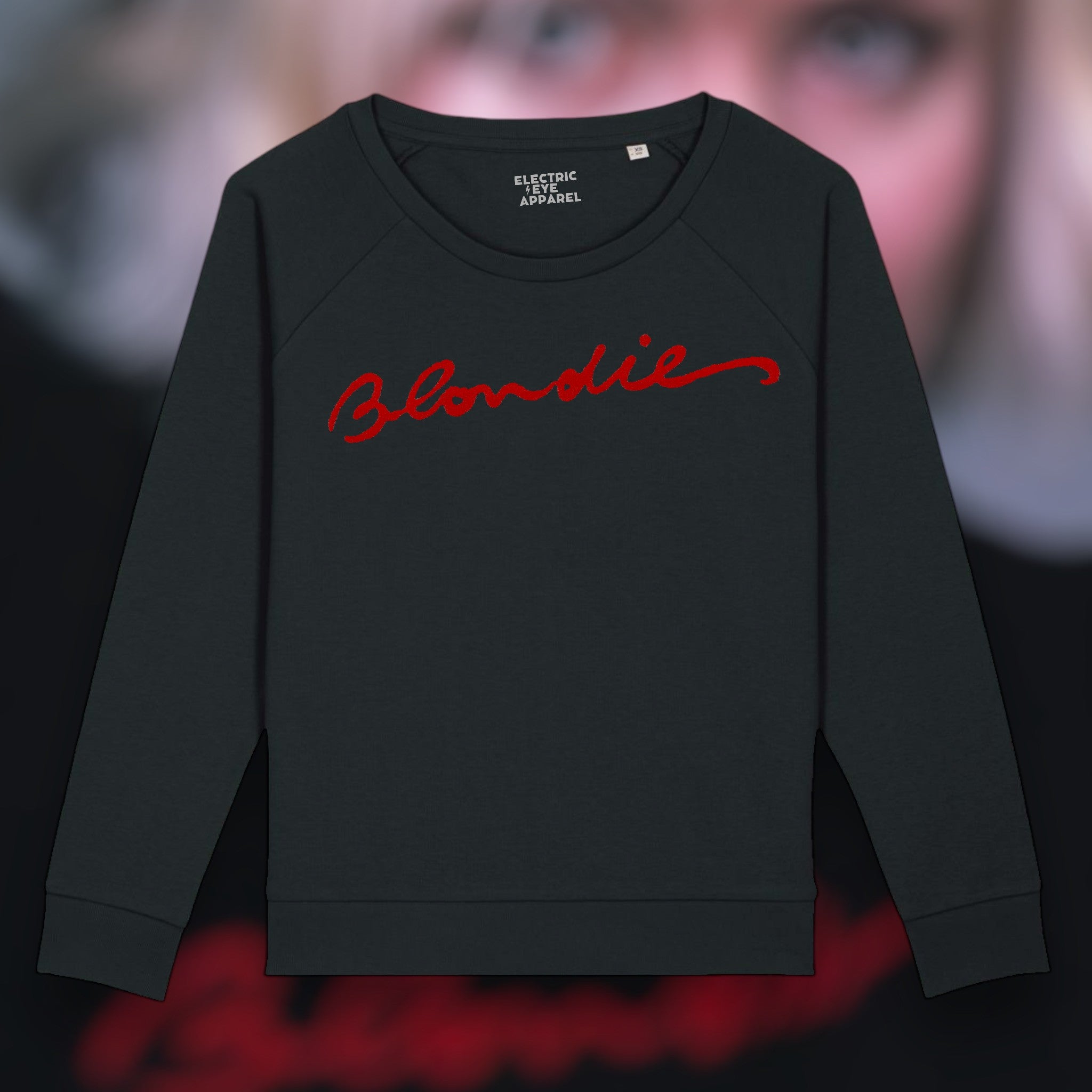 'BLONDIE' embroidered organic relaxed fit women's raglan 'dazzler' sweatshirt - inspired by the iconic sweatshirt worn by Debbie Harry