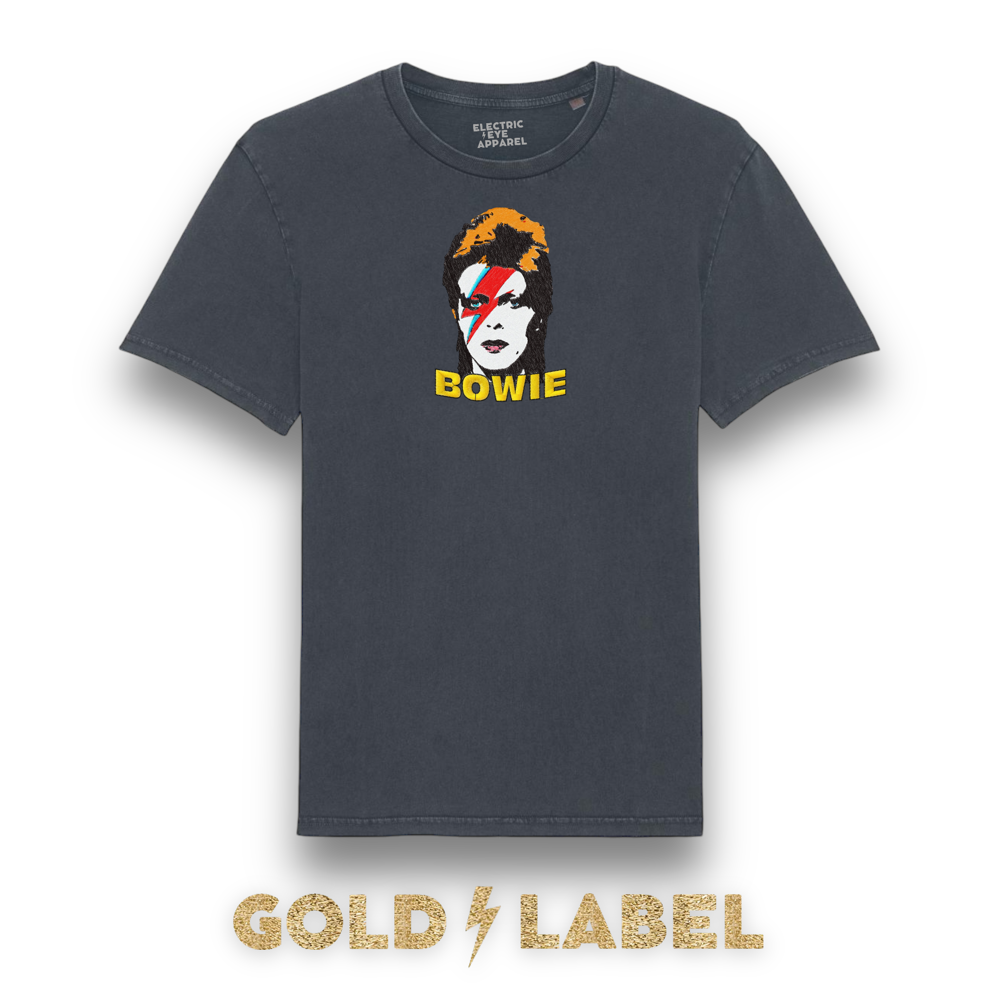 GOLD LABEL UNISEX RETRO BOWIE POP-ART EMBROIDERED ORGANIC AGED DYE 'CREATOR VINTAGE' T-SHIRT - OPTIONAL 'BOWIE' TEXT COLOUR