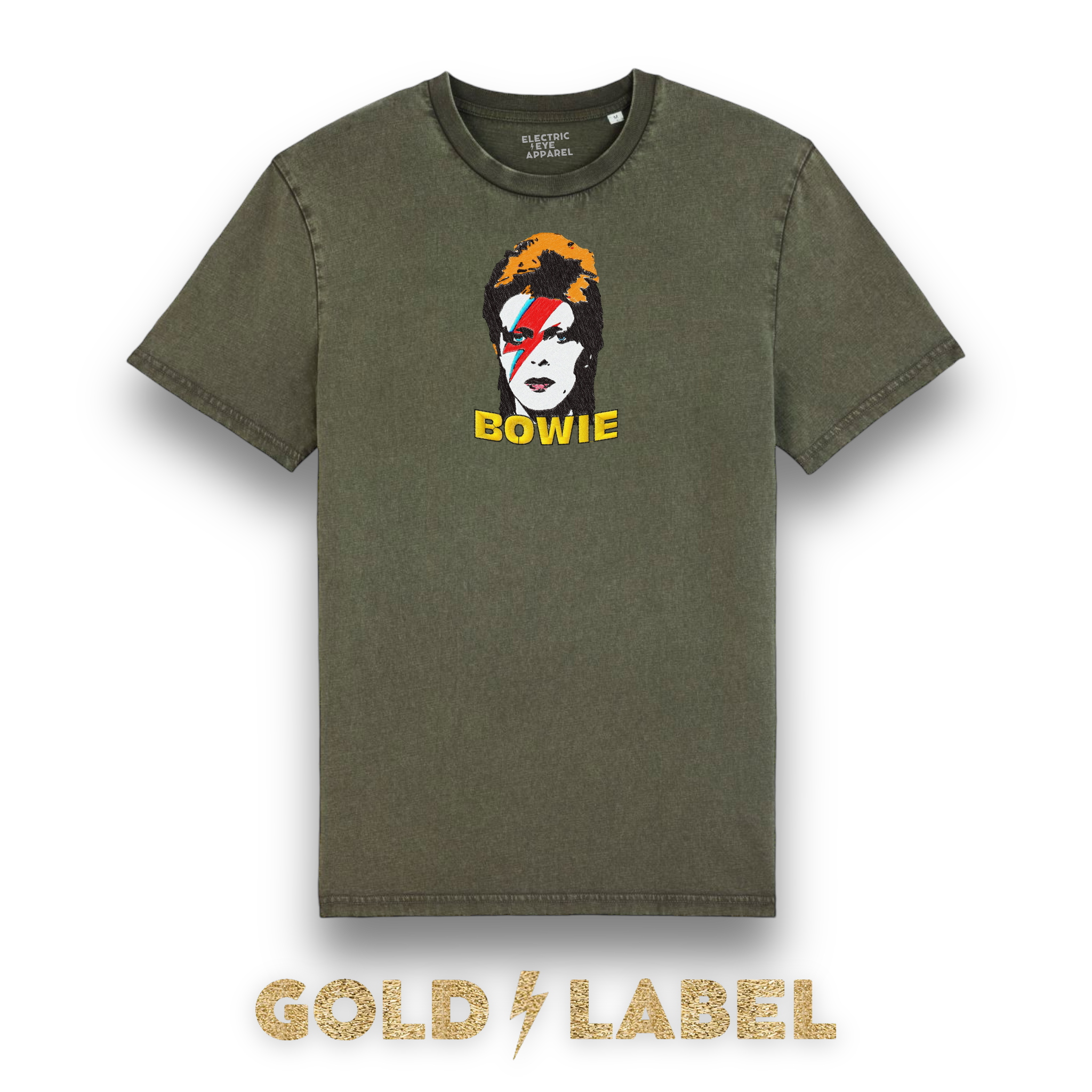 GOLD LABEL UNISEX RETRO BOWIE POP-ART EMBROIDERED ORGANIC AGED DYE 'CREATOR VINTAGE' T-SHIRT - OPTIONAL 'BOWIE' TEXT COLOUR