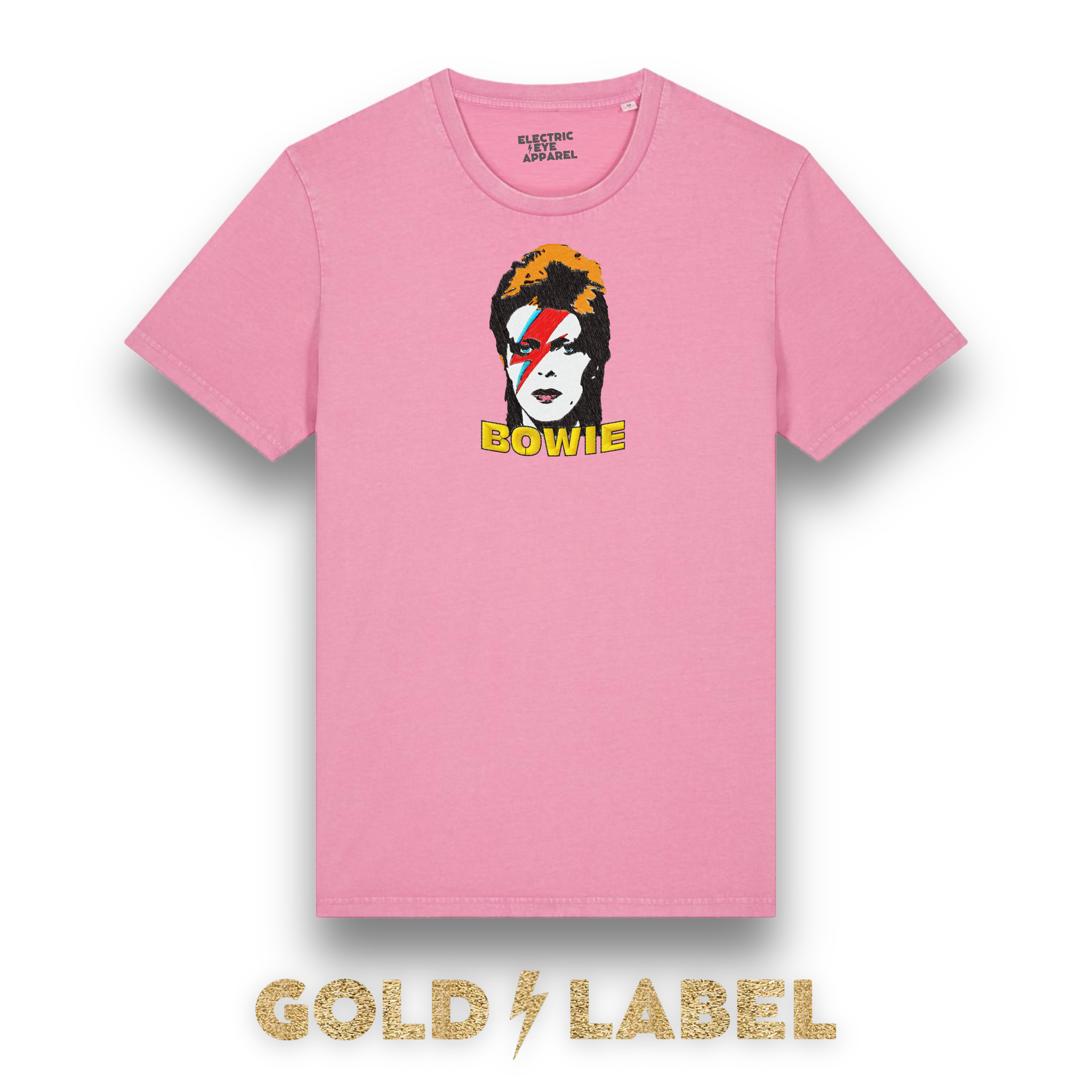 GOLD LABEL UNISEX RETRO BOWIE POP-ART EMBROIDERED ORGANIC AGED DYE 'CREATOR VINTAGE' T-SHIRT - OPTIONAL 'BOWIE' TEXT COLOUR