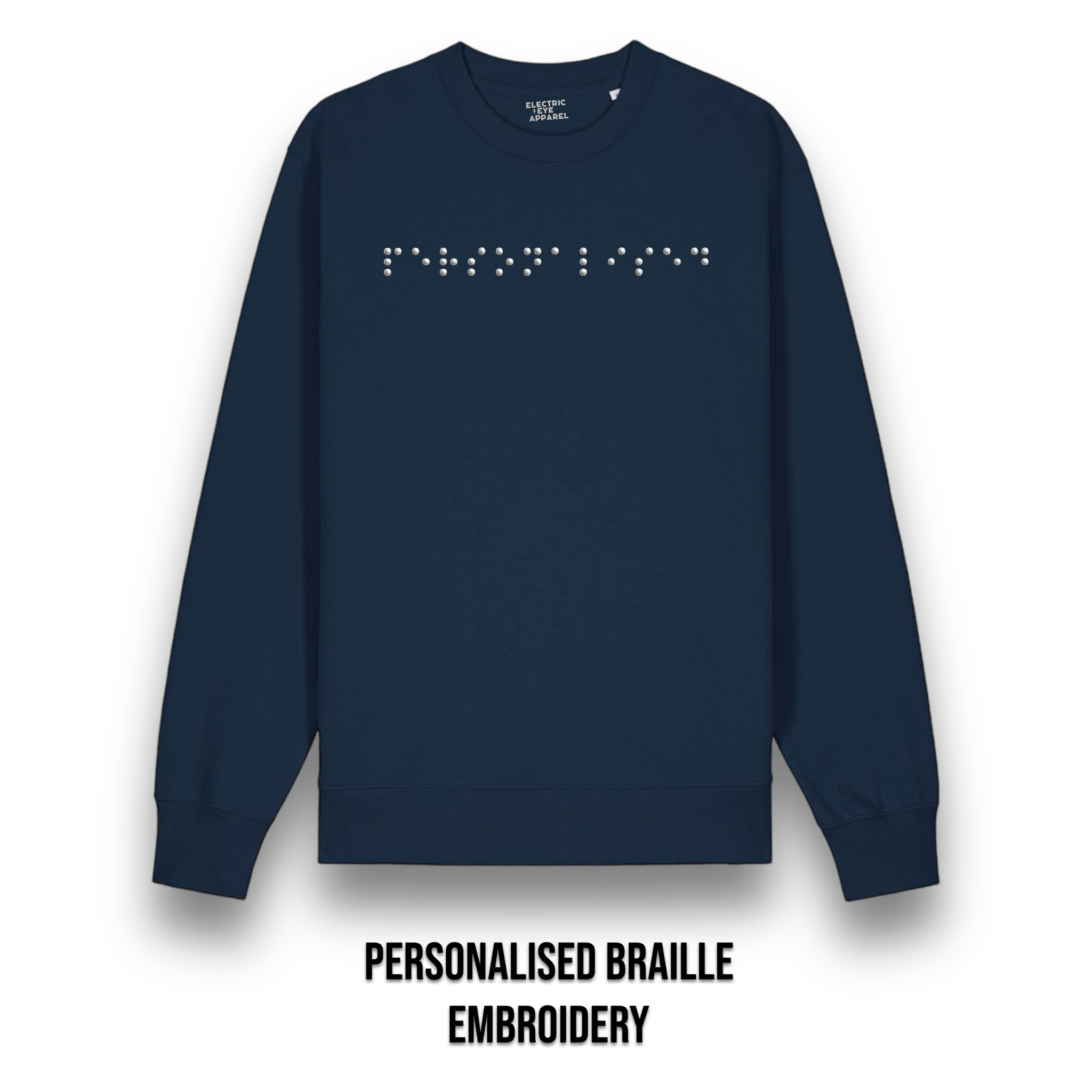 Personalised Braille Lyric Centre Chest Embroidered premium organic unisex classic crew neck 'Changer' sweatshirt - convert lyrics to braille, choose your own thread colour