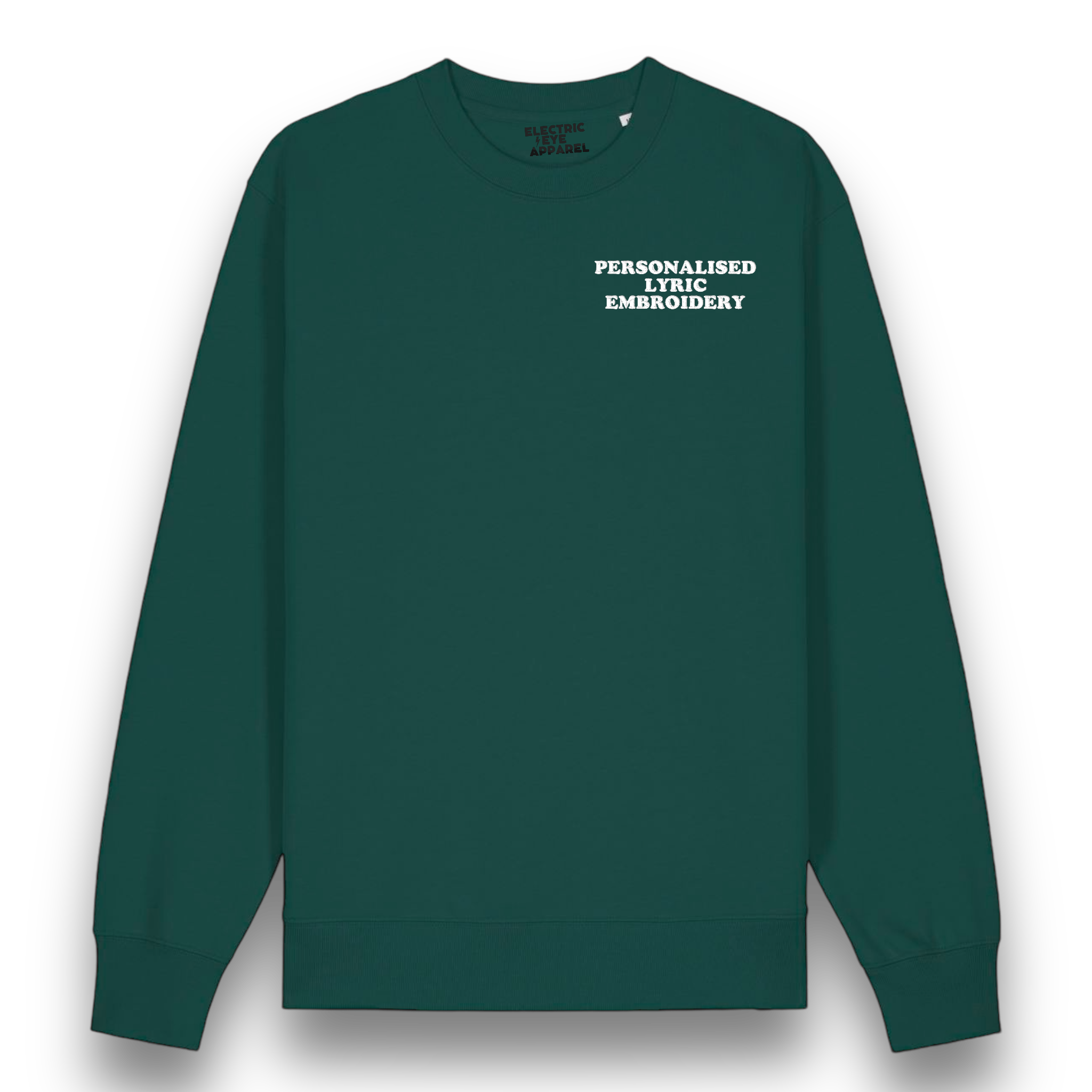 Personalised Lyric Left Chest Embroidered premium organic unisex classic crew neck 'Changer' sweatshirt - choose your own lyrics, font and thread colour