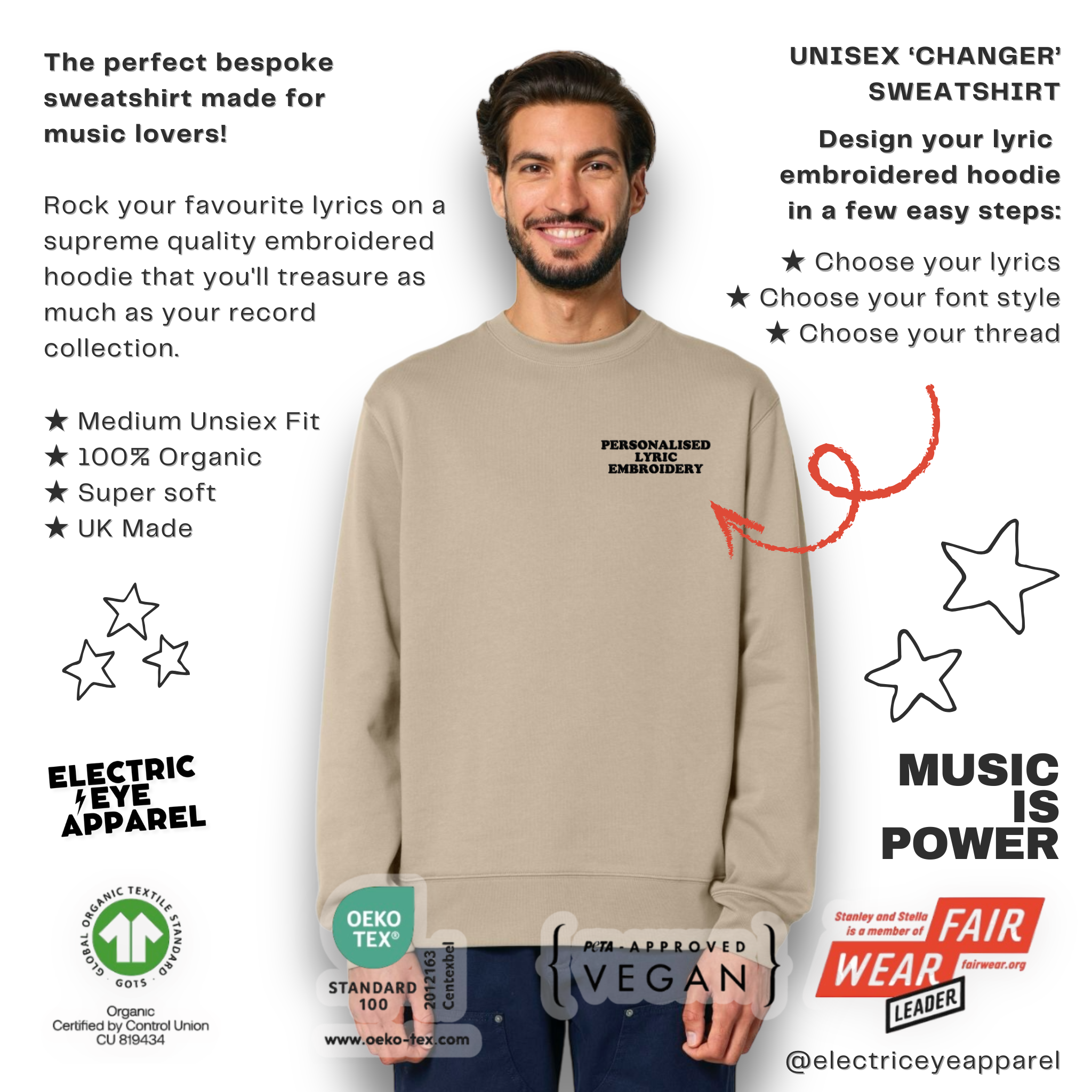 Personalised Lyric Left Chest Embroidered premium organic unisex classic crew neck 'Changer' sweatshirt - choose your own lyrics, font and thread colour