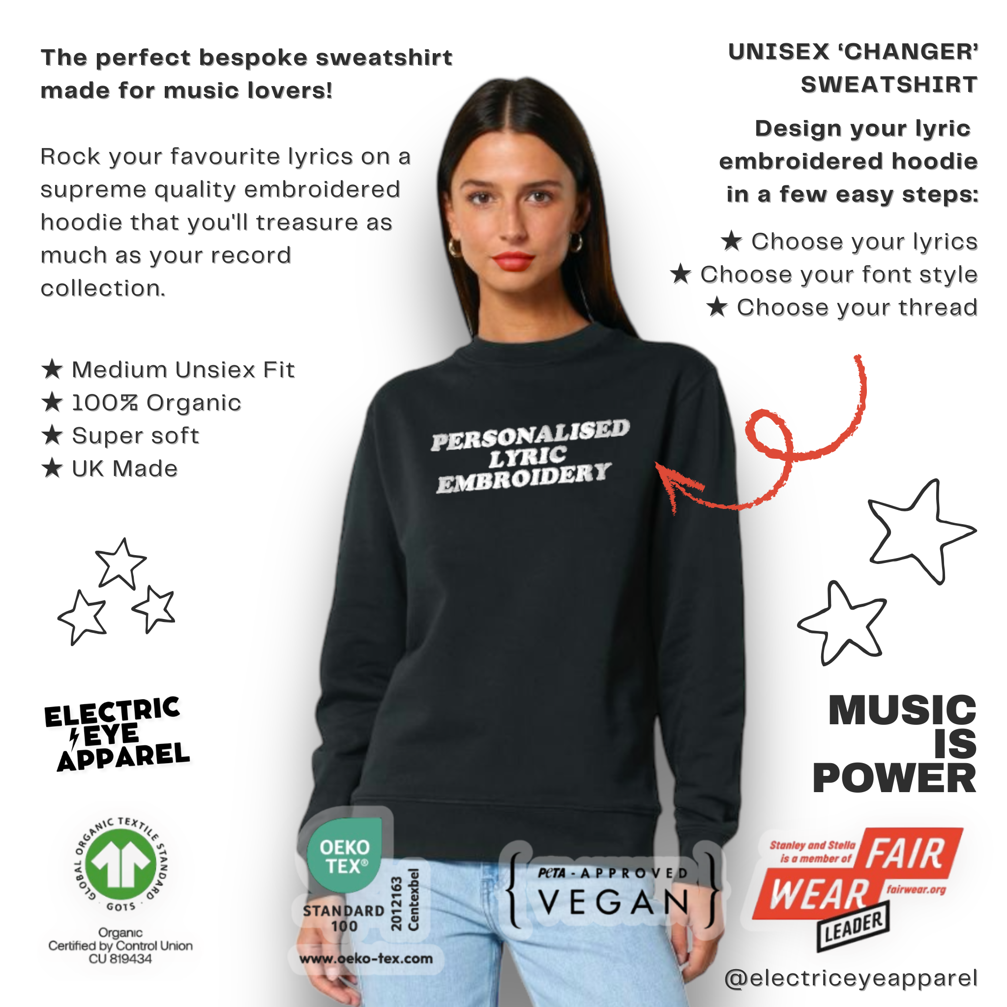 Personalised Lyric Centre Chest Embroidered premium organic unisex classic crew neck 'Changer' sweatshirt - choose your own lyrics, font and thread colour