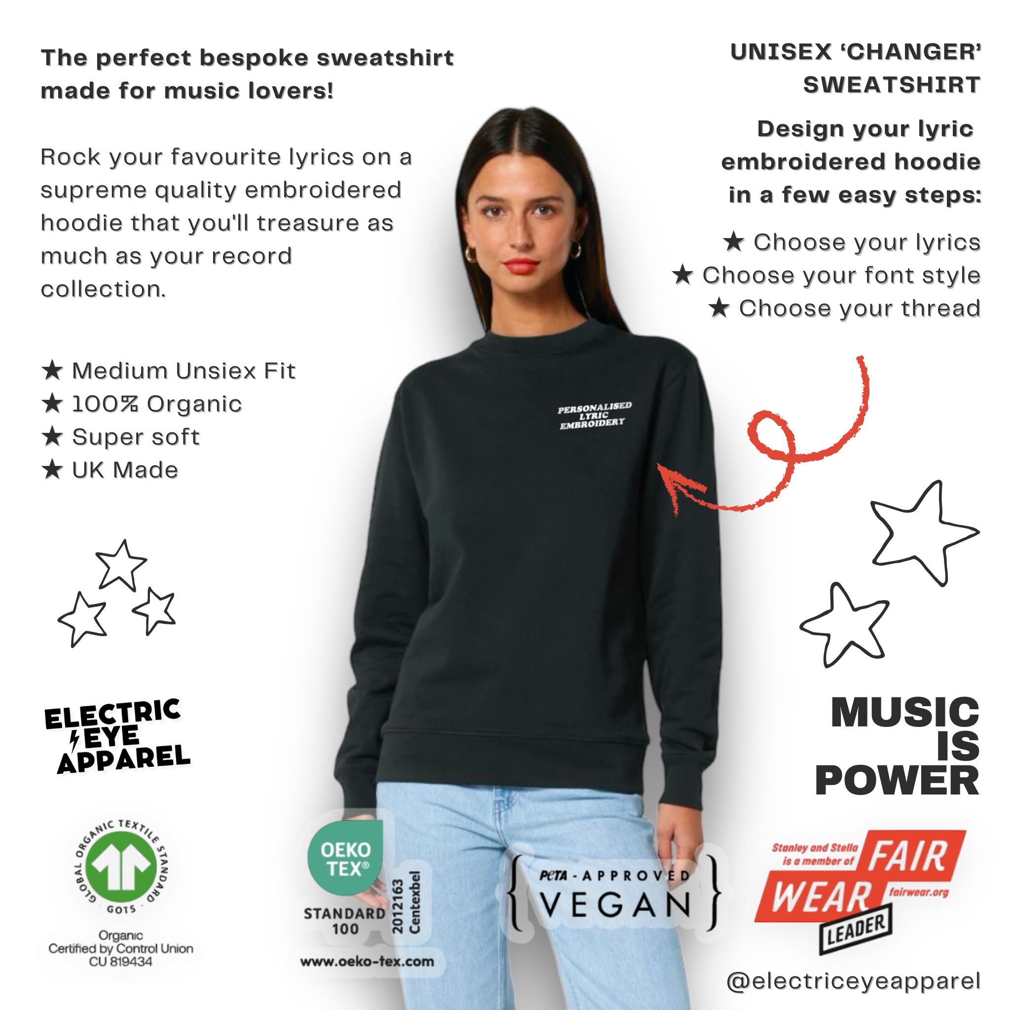 Personalised Lyric Left Chest Embroidered premium organic unisex classic crew neck 'Changer' sweatshirt - choose your own lyrics, font and thread colour