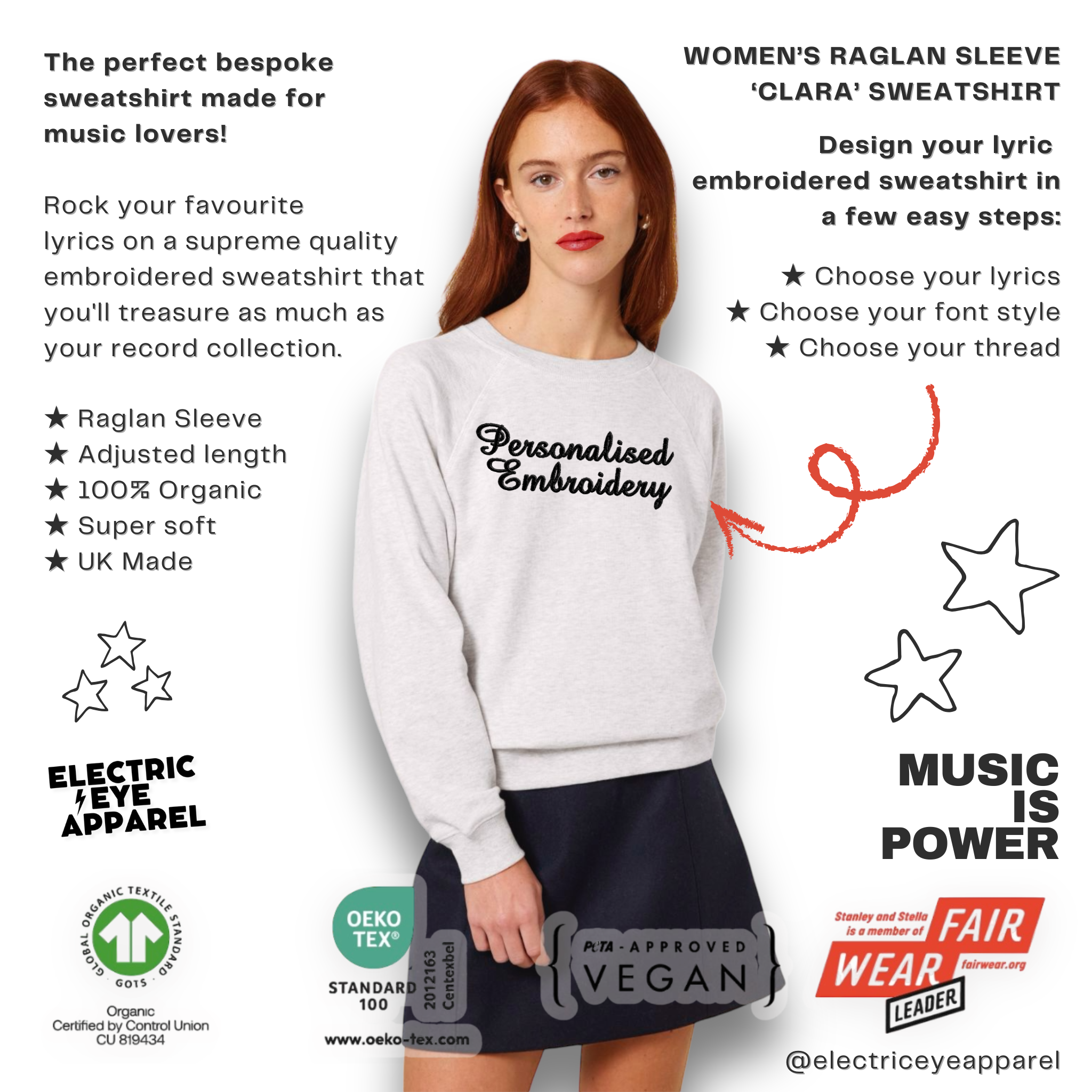 Personalised Lyric Centre Chest Embroidered premium organic women's raglan sleeve 'Clara' sweatshirt - choose your own lyrics, font and thread colour