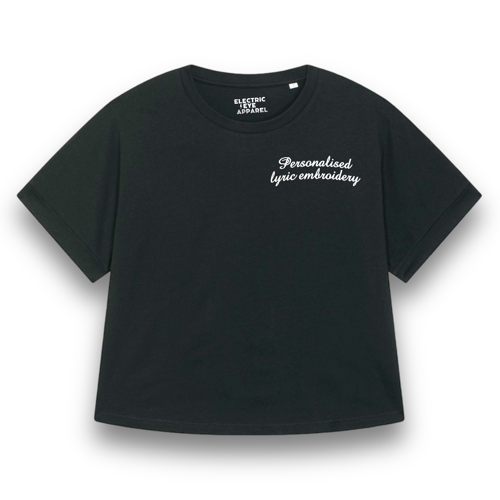 Personalised Lyric Left Chest Embroidered premium organic iconic women's 90s style dolman sleeve 'Collider' t-shirt - choose your own lyrics, font and thread colour