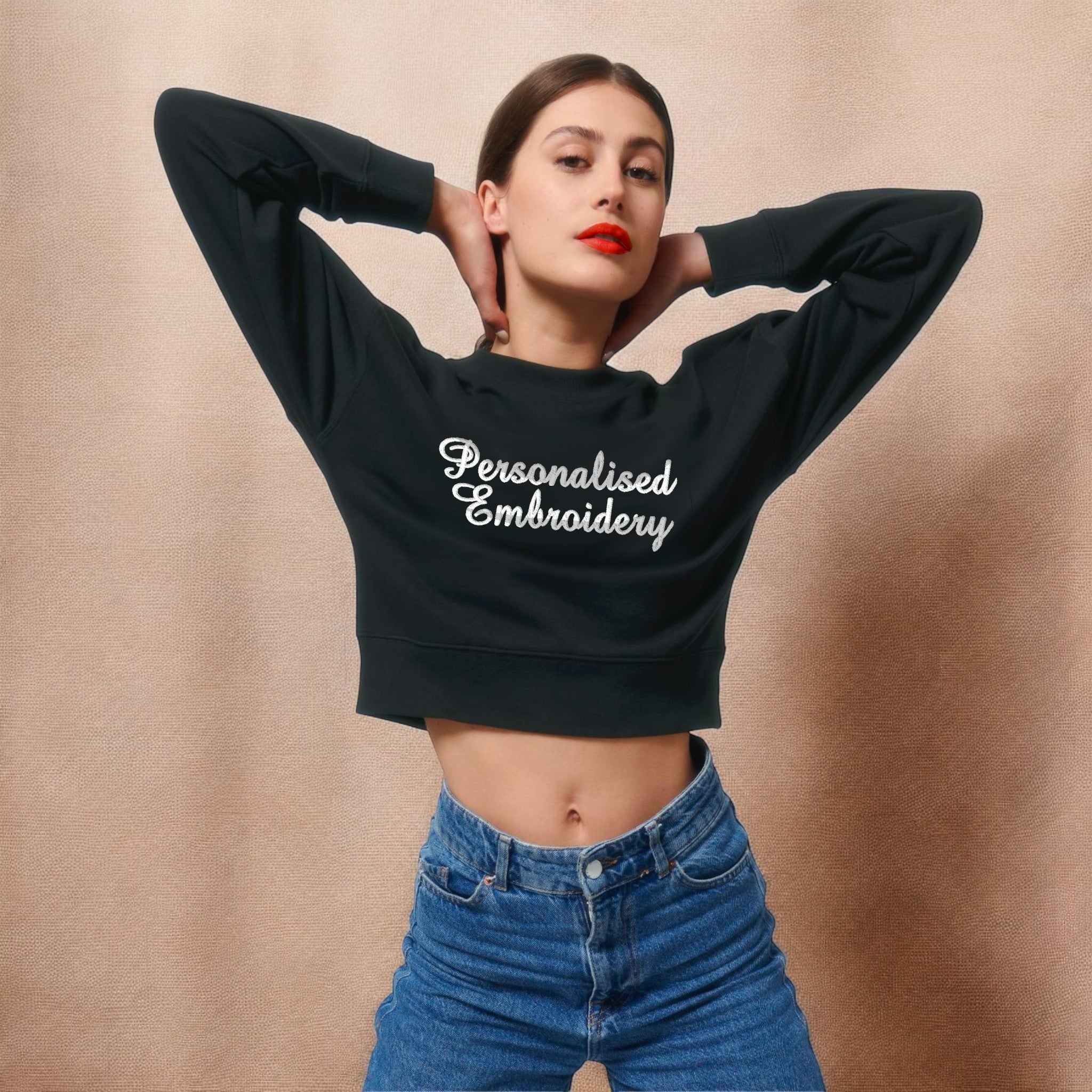 Personalised Lyric Centre Chest Embroidered premium organic women's 'Cropster' sweatshirt- choose your own lyrics, font and thread colour