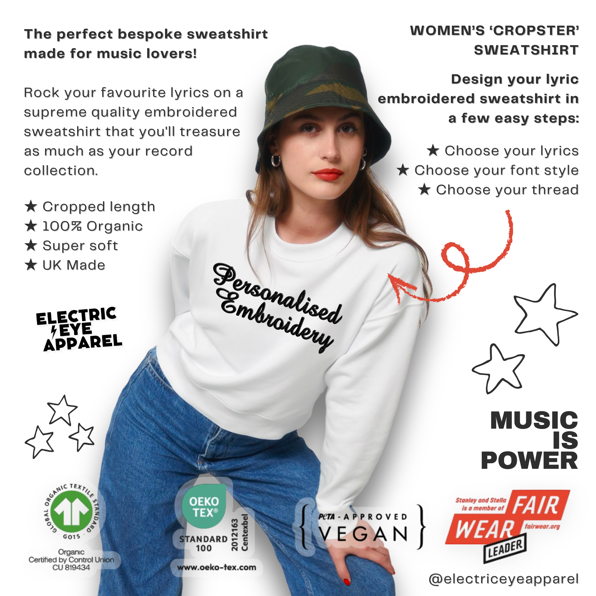 Personalised Lyric Centre Chest Embroidered premium organic women's 'Cropster' sweatshirt- choose your own lyrics, font and thread colour