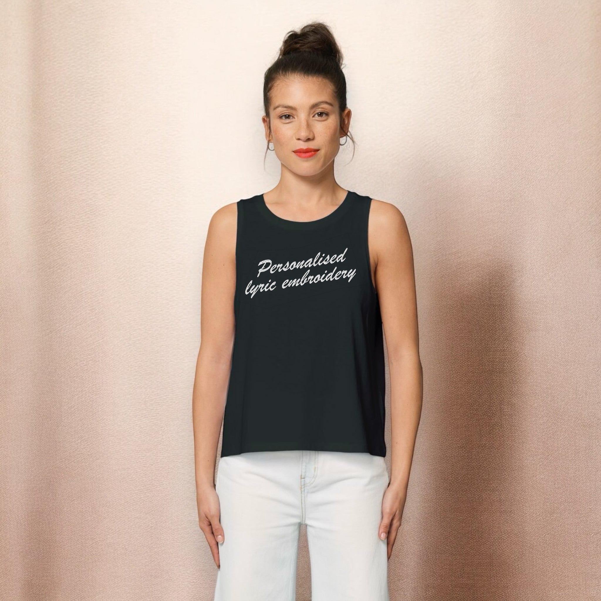 Personalised Lyric Centre Chest Embroidered premium organic iconic women's crop 'Dancer' tank top - choose your own lyrics, font and thread colour