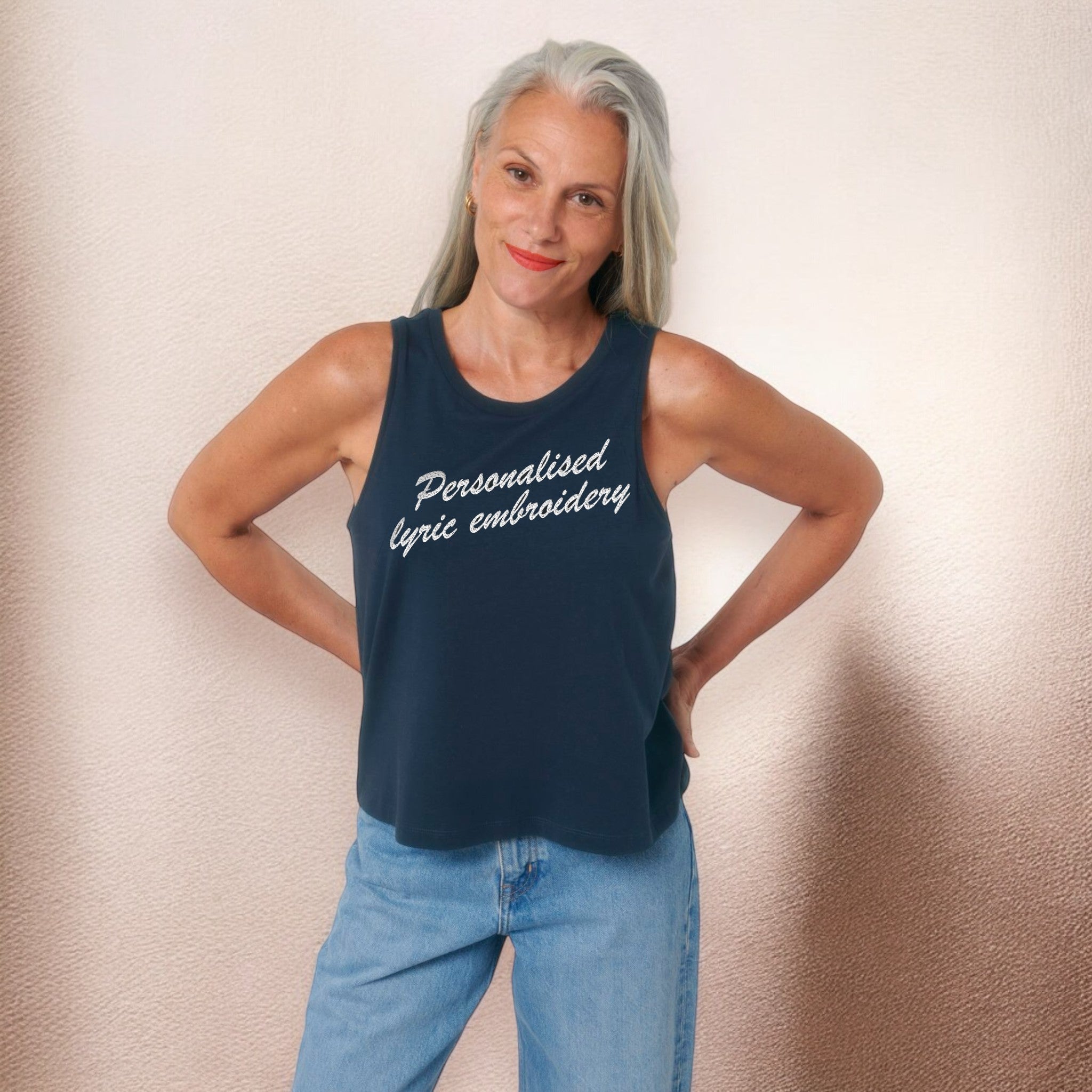 Personalised Lyric Centre Chest Embroidered premium organic iconic women's crop 'Dancer' tank top - choose your own lyrics, font and thread colour