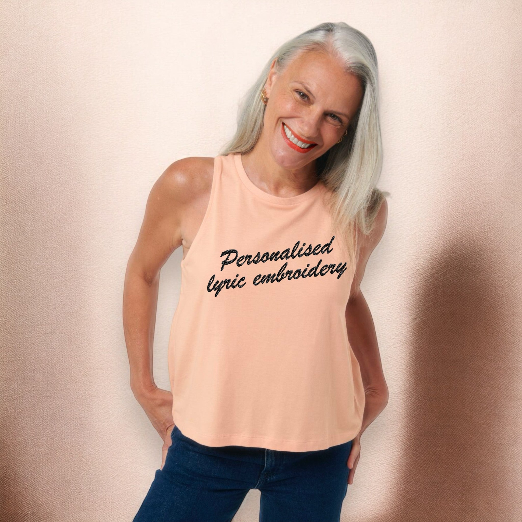 Personalised Lyric Centre Chest Embroidered premium organic iconic women's crop 'Dancer' tank top - choose your own lyrics, font and thread colour