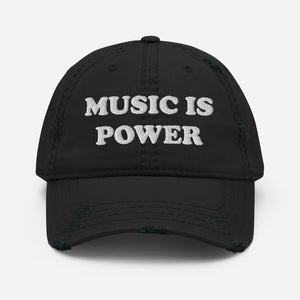 Music Is Power Embroidered Distressed Unisex Dad Cap Baseball Hat - white embroidery (more colours available)