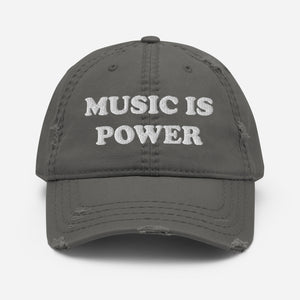 Music Is Power Embroidered Distressed Unisex Dad Cap Baseball Hat - white embroidery (more colours available)