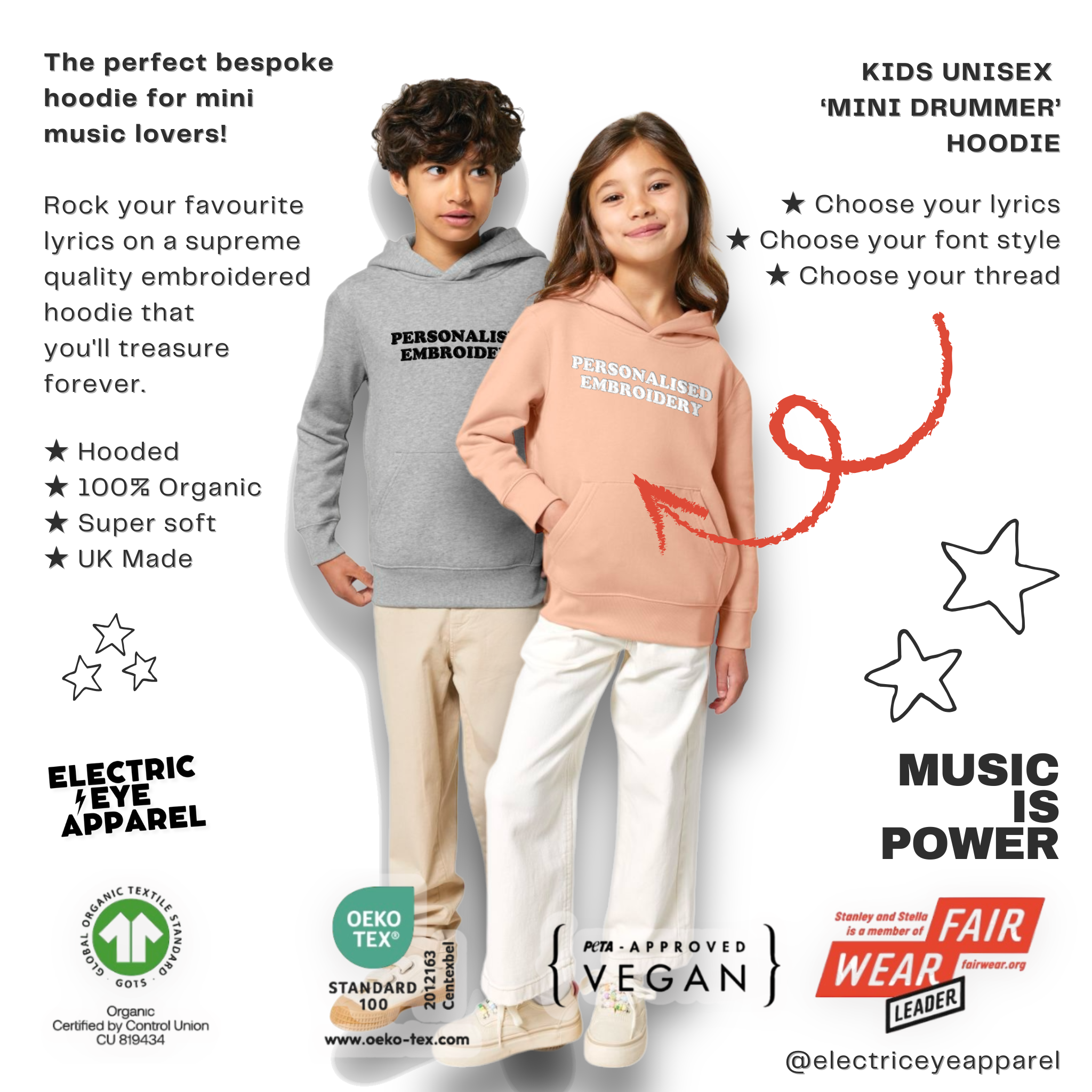 Personalised Lyric Centre Chest Embroidered premium organic iconic kids 'Mini Drummer' hoodie - choose your own lyrics, font and thread colour