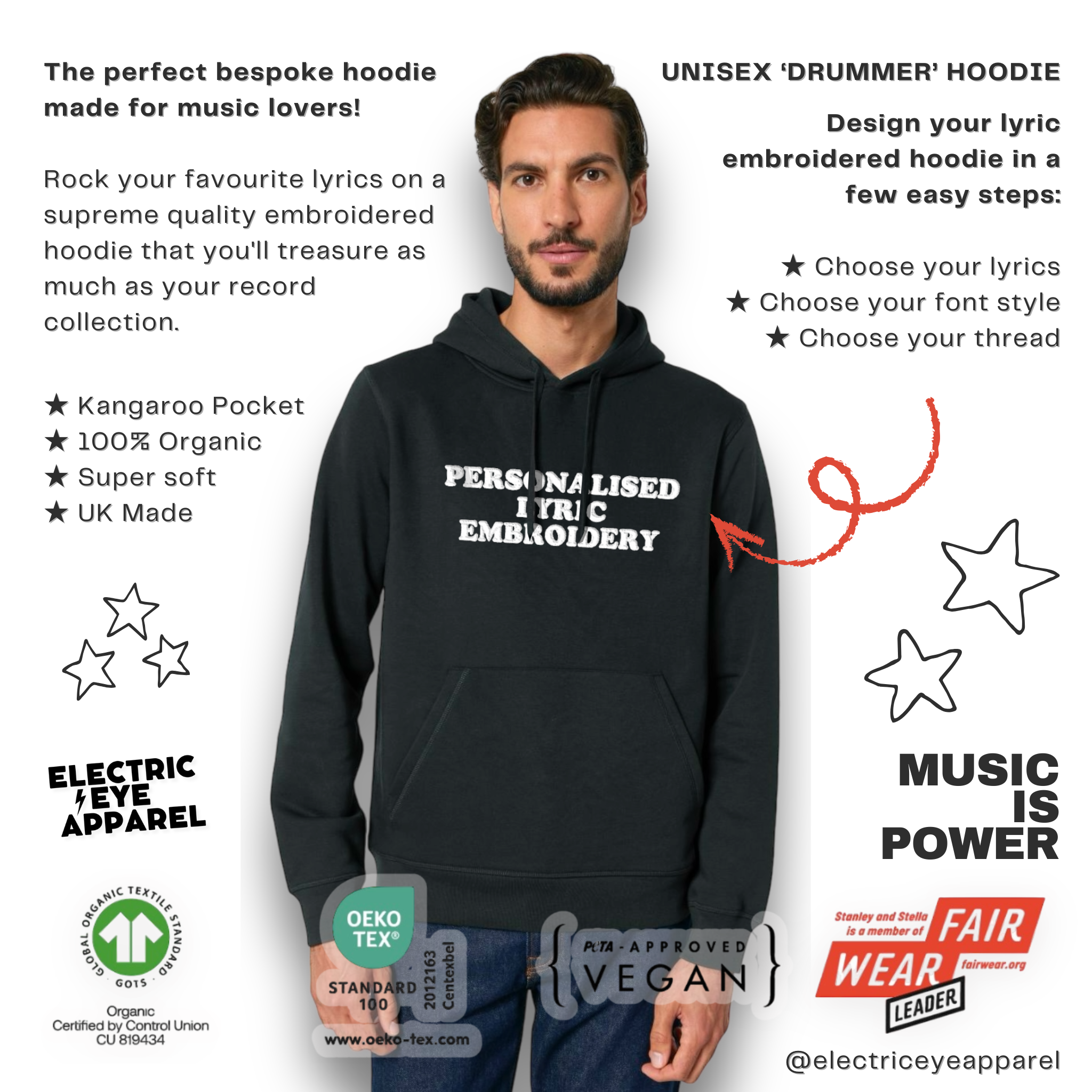 Personalised Lyric Centre Chest Embroidered premium organic unisex iconic 'Drummer' hoodie - choose your own lyrics, font and thread colour