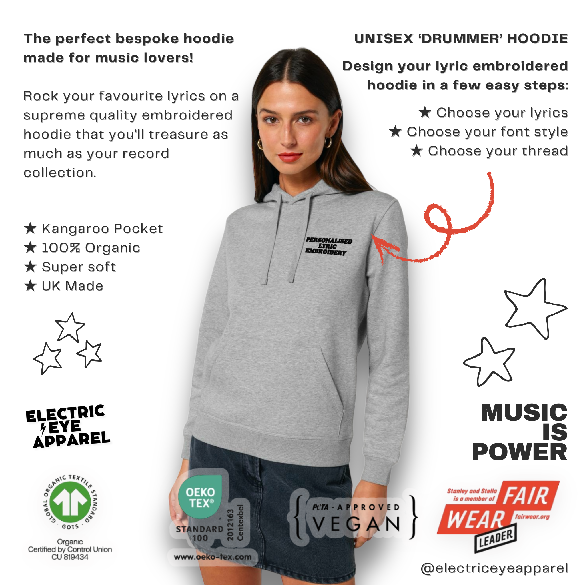 Personalised Lyric Left Chest Embroidered premium organic unisex iconic 'Drummer' hoodie - choose your own lyrics, font and thread colour