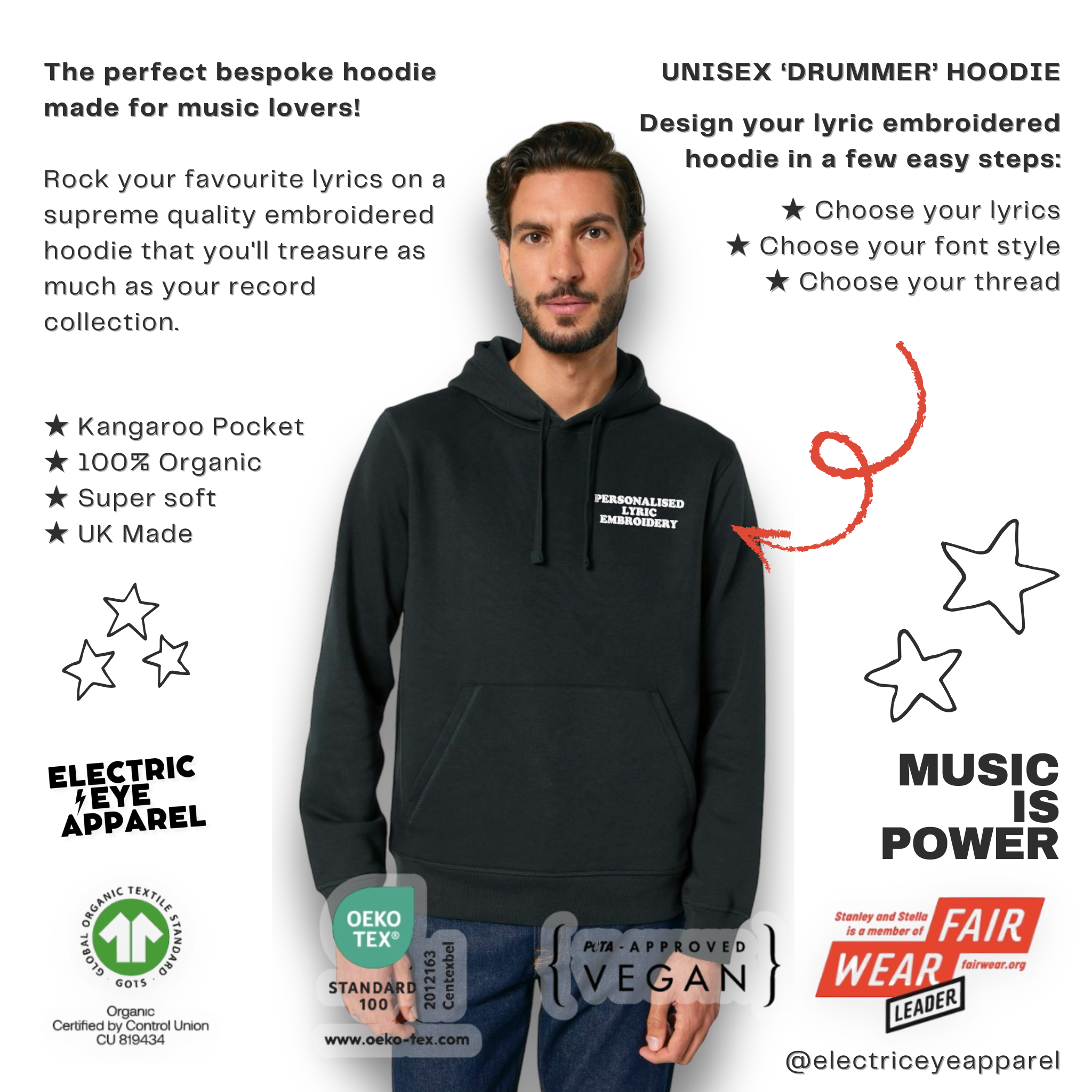 Personalised Lyric Left Chest Embroidered premium organic unisex iconic 'Drummer' hoodie - choose your own lyrics, font and thread colour