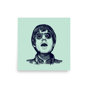 90s Liam Gallagher Wonderwall Mono Line Art Sketch Drawing - Premium Giclée Poster Print - Brook Green / Deep Blue