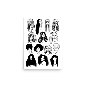 1960/70 年代“音乐中的女性”单色线条艺术高级艺术微喷海报印刷品