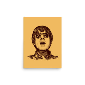 90s Liam Gallagher Wonderwall Mono Line Art Sketch Drawing - Premium Giclée Poster Print - Golden / Deep Red