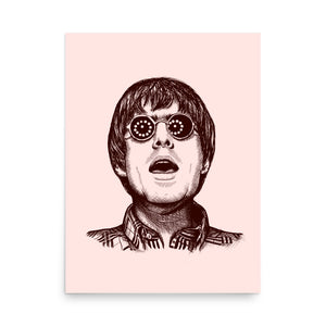 90s Liam Gallagher Wonderwall Mono Line Art Sketch Drawing - Premium Giclée Poster Print - Cotton Pink / Deep Red