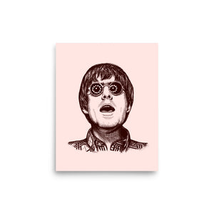 90s Liam Gallagher Wonderwall Mono Line Art Sketch Drawing - Premium Giclée Poster Print - Cotton Pink / Deep Red