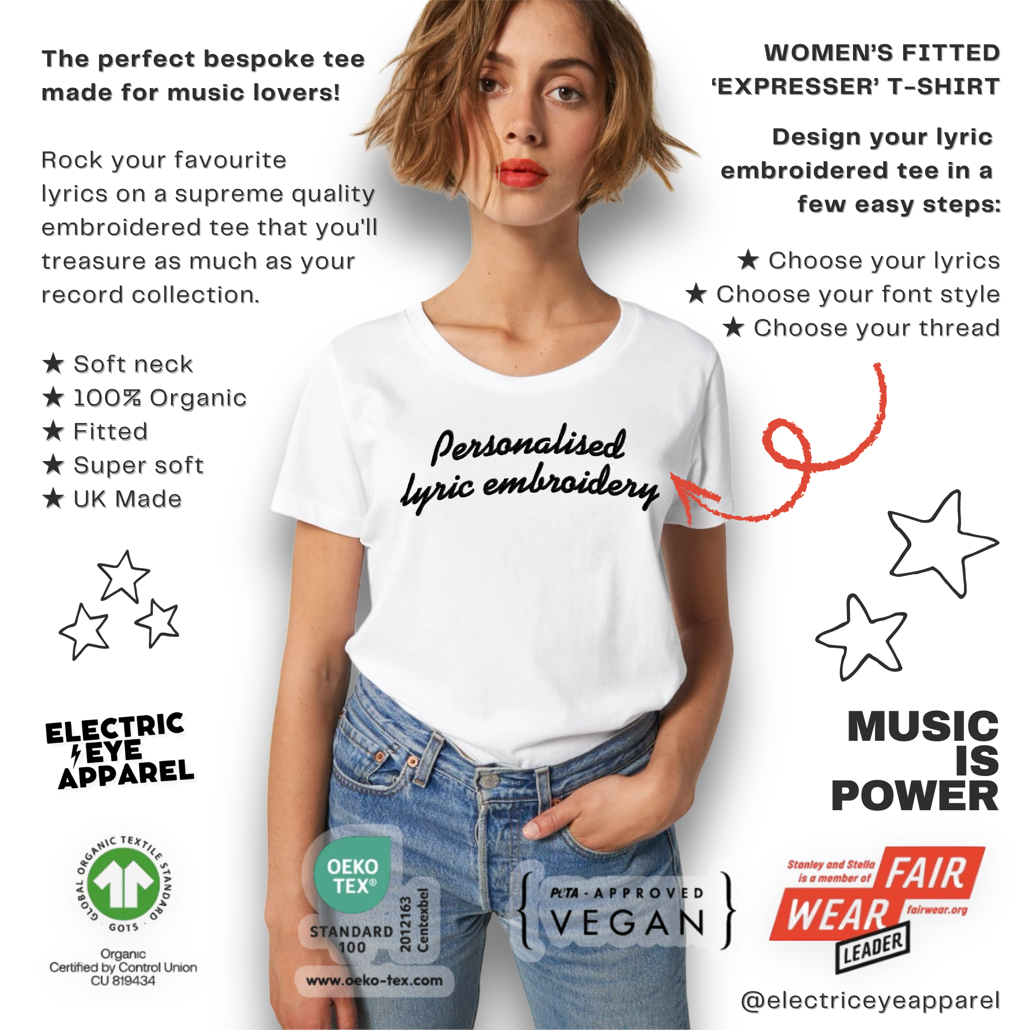 Personalised Lyric Centre Chest Embroidered premium organic iconic women's fitted 'Expresser' t-shirt - choose your own lyrics, font and thread colour