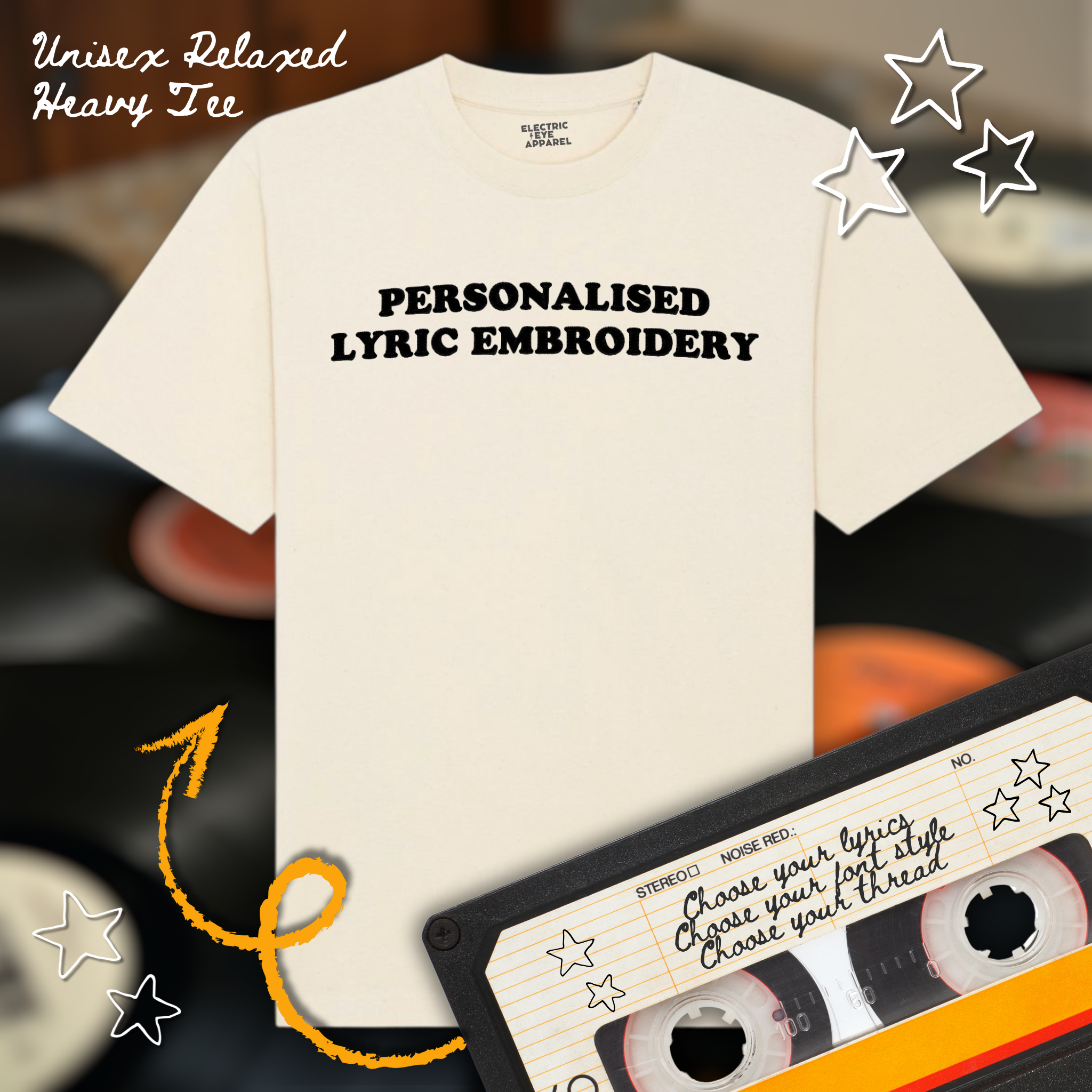 Personalised Lyric Centre Chest Embroidered premium organic iconic unisex relaxed heavy 'Freestyler' t-shirt - choose your own lyrics, font and thread colour