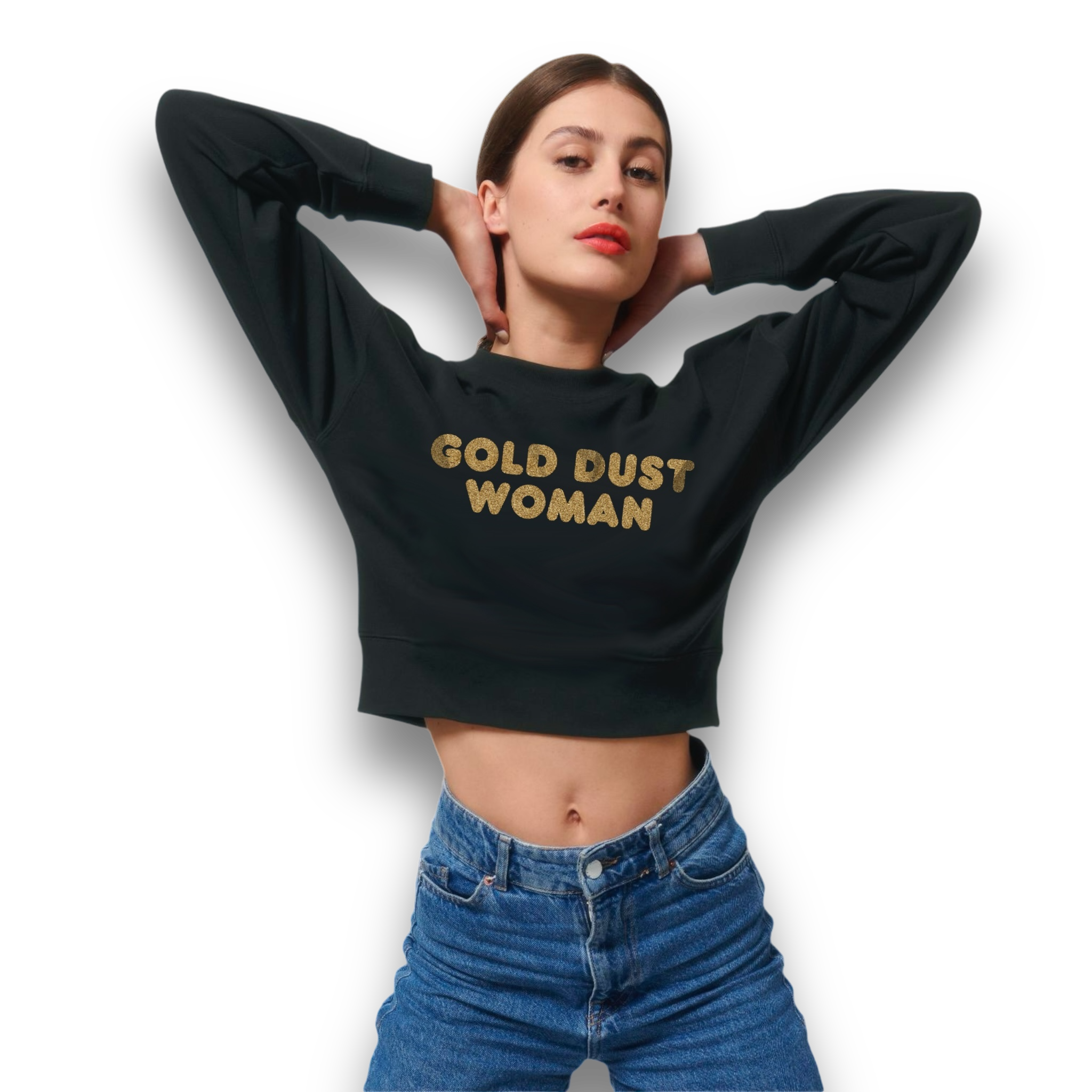 'GOLD DUST WOMAN ' gold glitter embroidered women's organic 'cropster' sweatshirt - inspired by Fleetwood Mac / Stevie Nicks