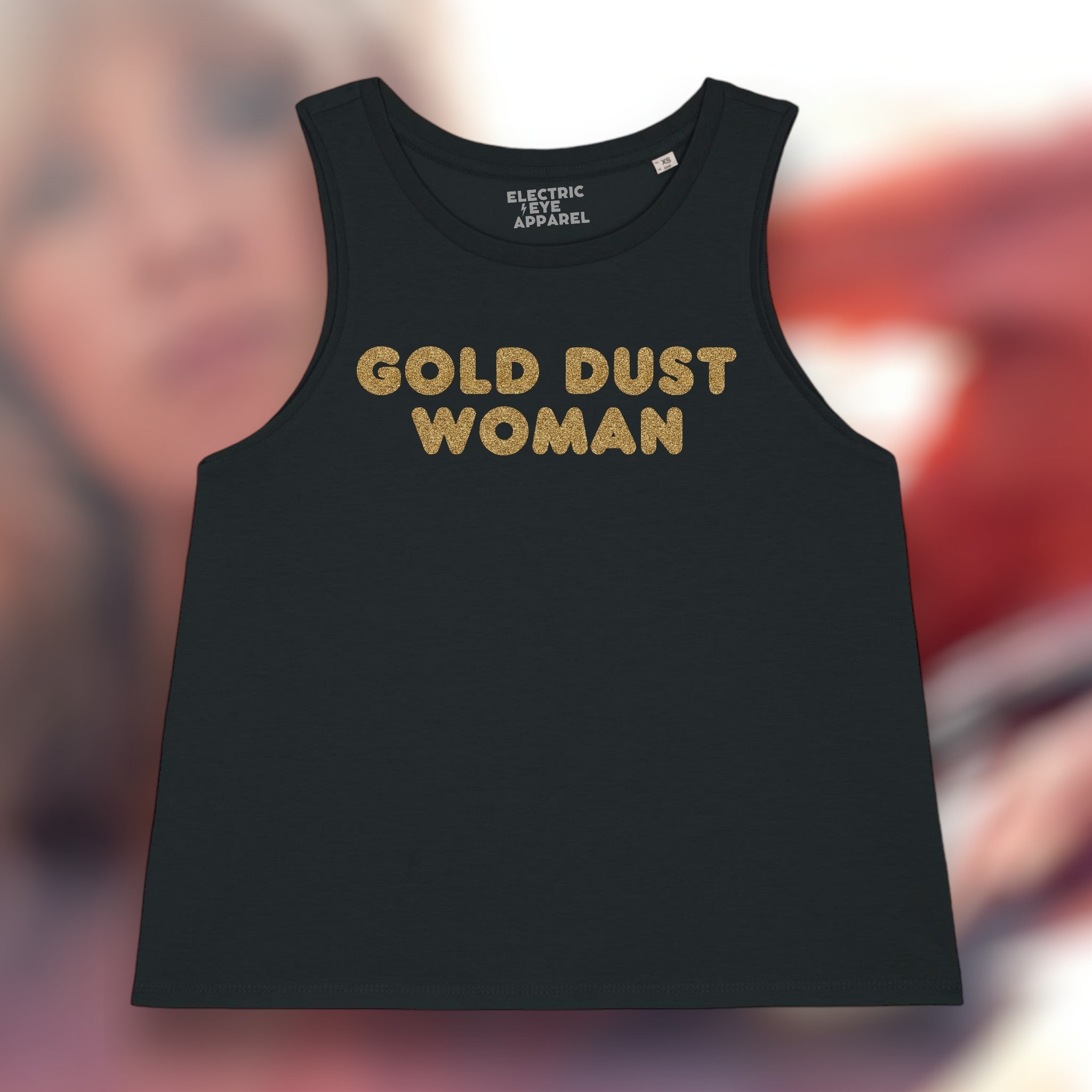 'GOLD DUST WOMAN' gold glitter embroidered women's organic cotton 'dancer' tank top - inspired by Fleetwood Mac / Stevie Nicks