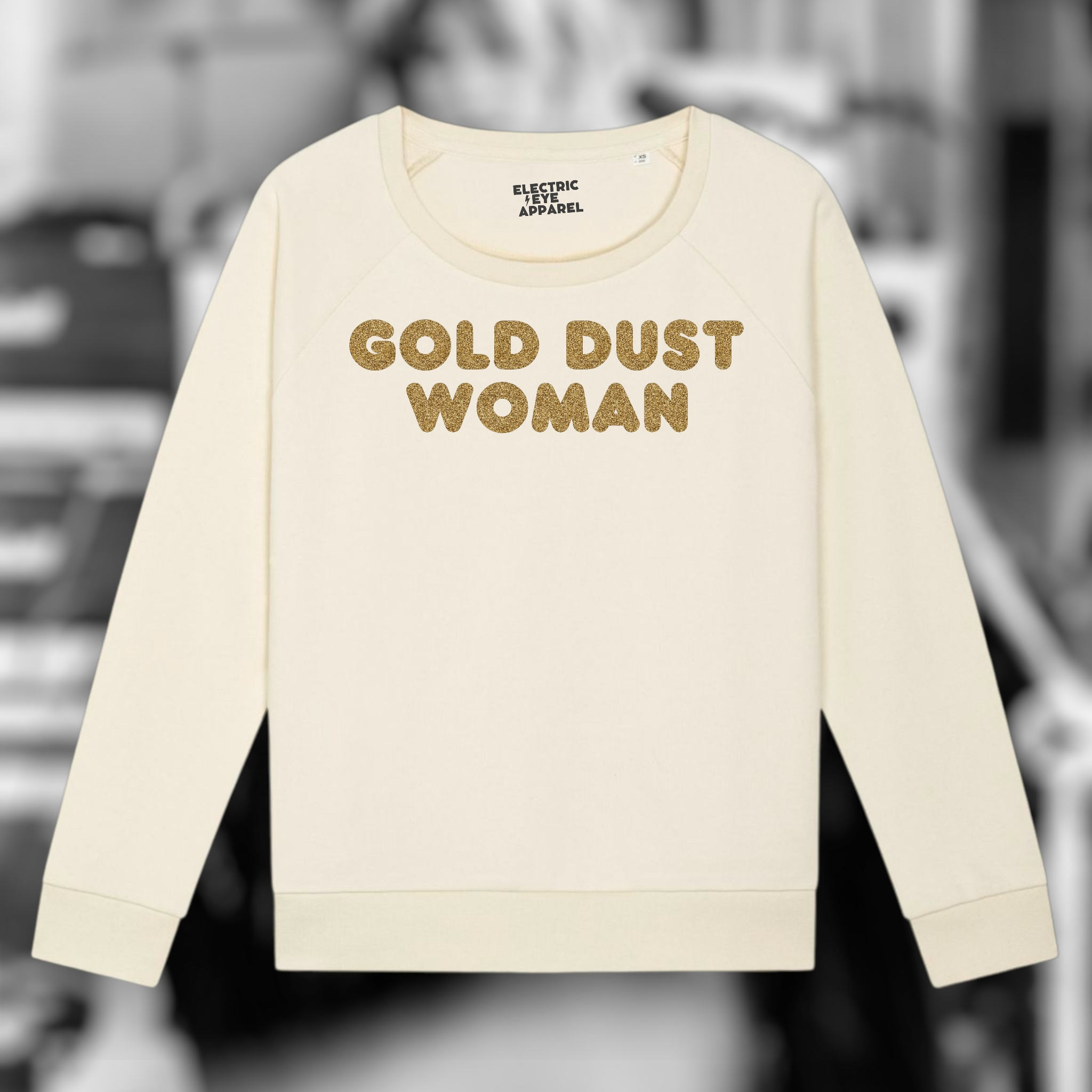 'GOLD DUST WOMAN' gold glitter embroidered organic relaxed fit women's raglan 'dazzler' sweatshirt - inspired by Fleetwood Mac / Stevie Nicks