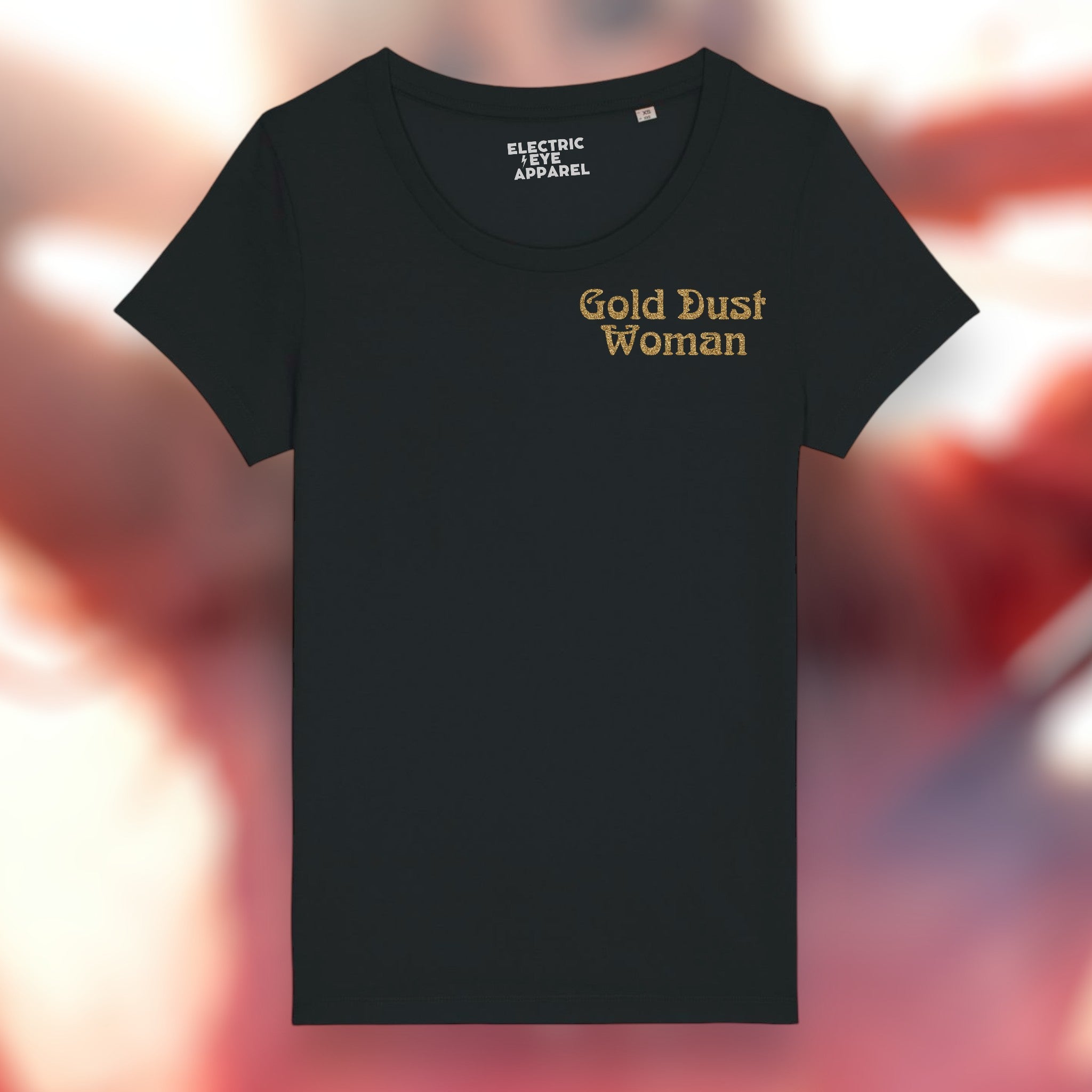 'GOLD DUST WOMAN' left chest embroidered premium organic iconic mid-light women's scoop neck 'jazzer' t-shirt - inspired by Fleetwood Mac / Stevie Nicks