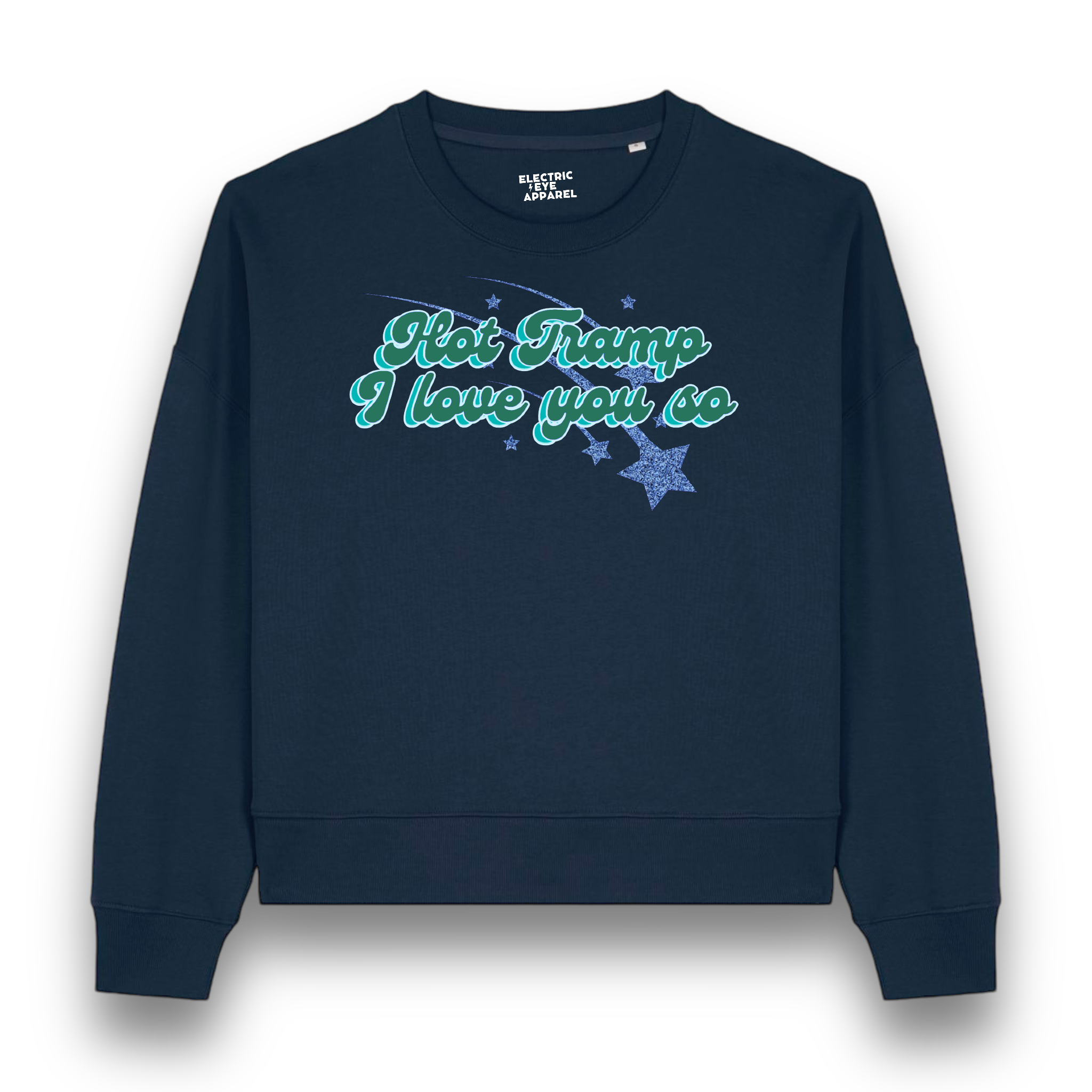 Limited Edition 'HOT TRAMP I LOVE YOU SO' 1970s glitter star embroidered organic women's dropped shoulder 'alma' sweatshirt - inspired by David Bowie