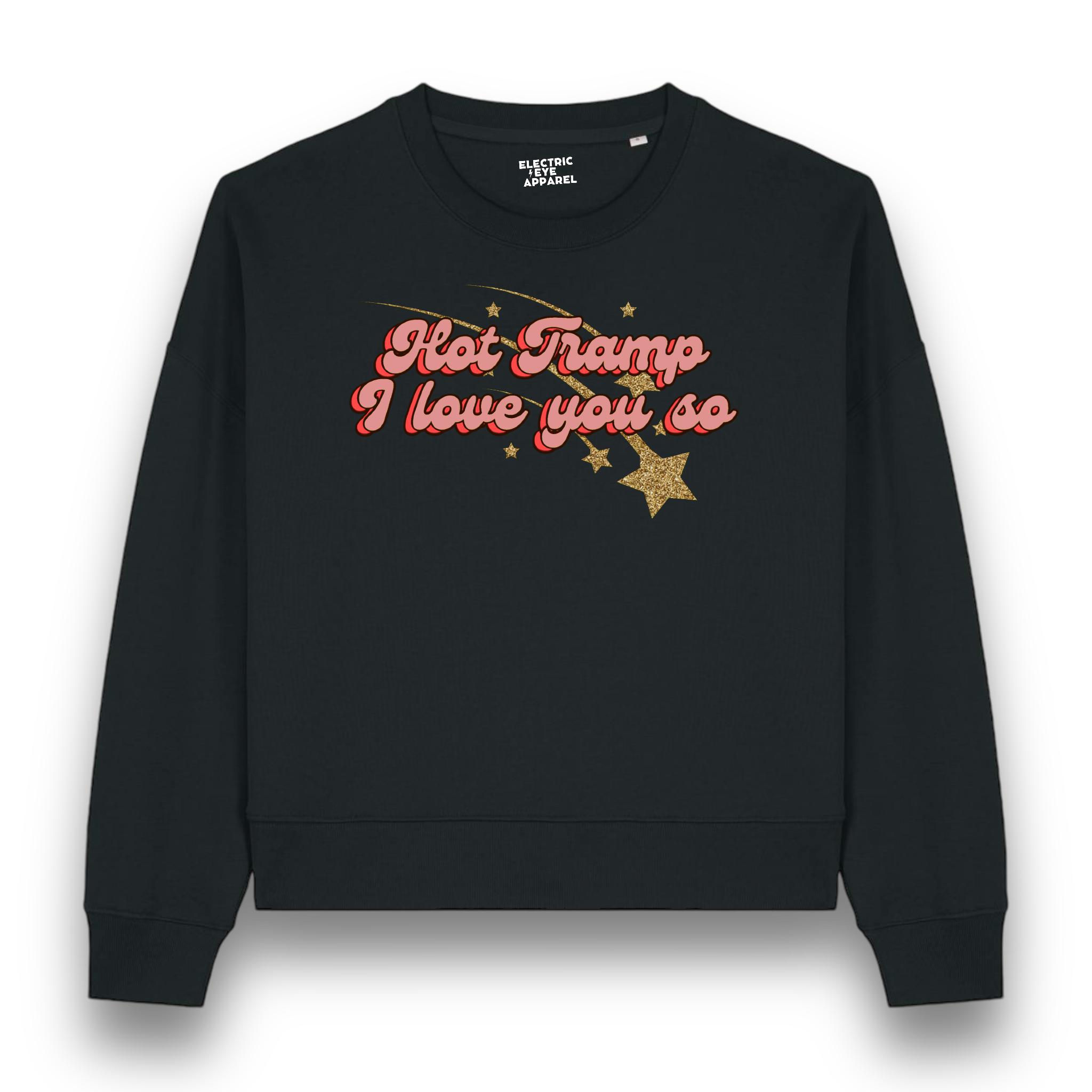 Limited Edition 'HOT TRAMP I LOVE YOU SO' 1970s glitter star embroidered organic women's dropped shoulder 'alma' sweatshirt - inspired by David Bowie