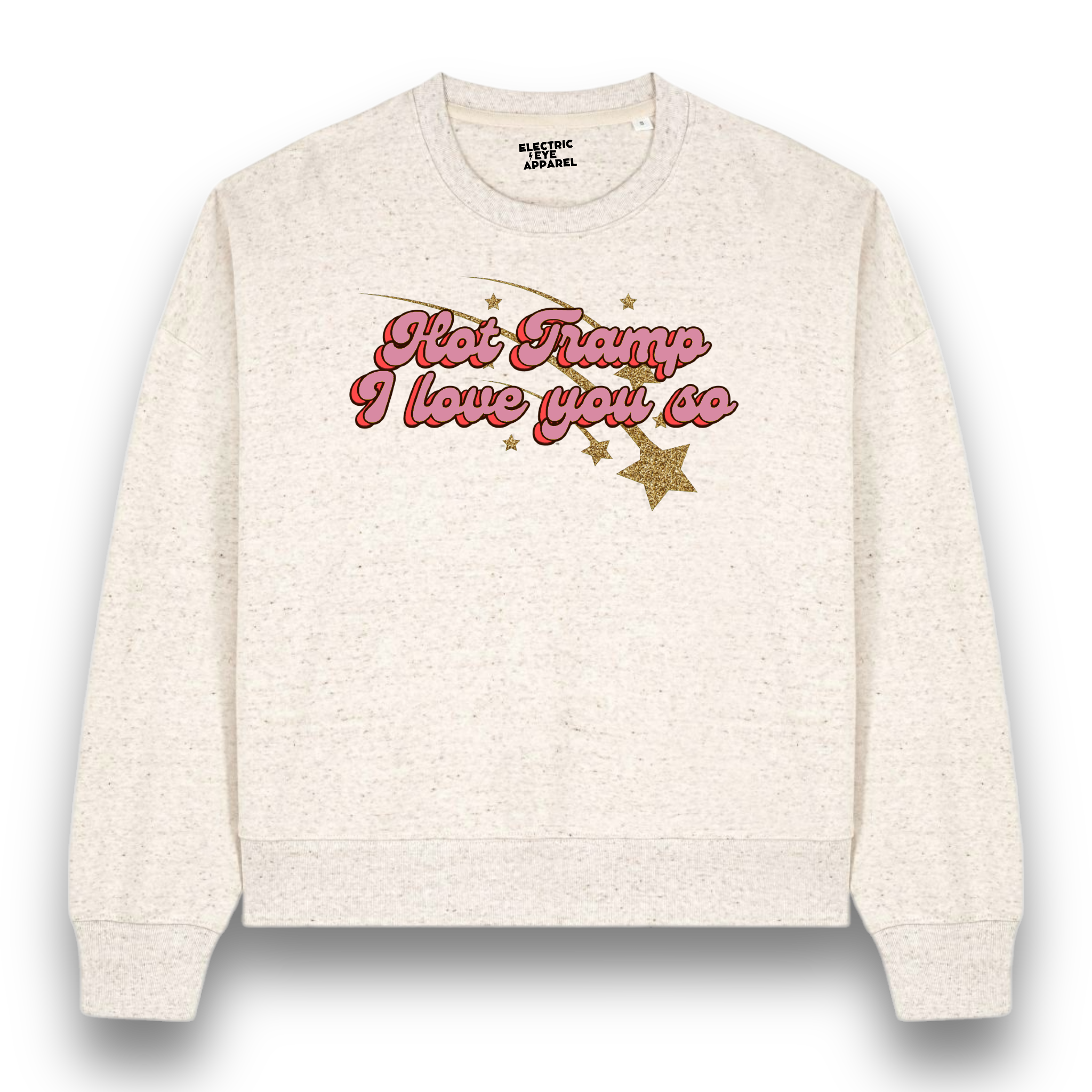 Limited Edition 'HOT TRAMP I LOVE YOU SO' 1970s glitter star embroidered organic women's dropped shoulder 'alma' sweatshirt - inspired by David Bowie