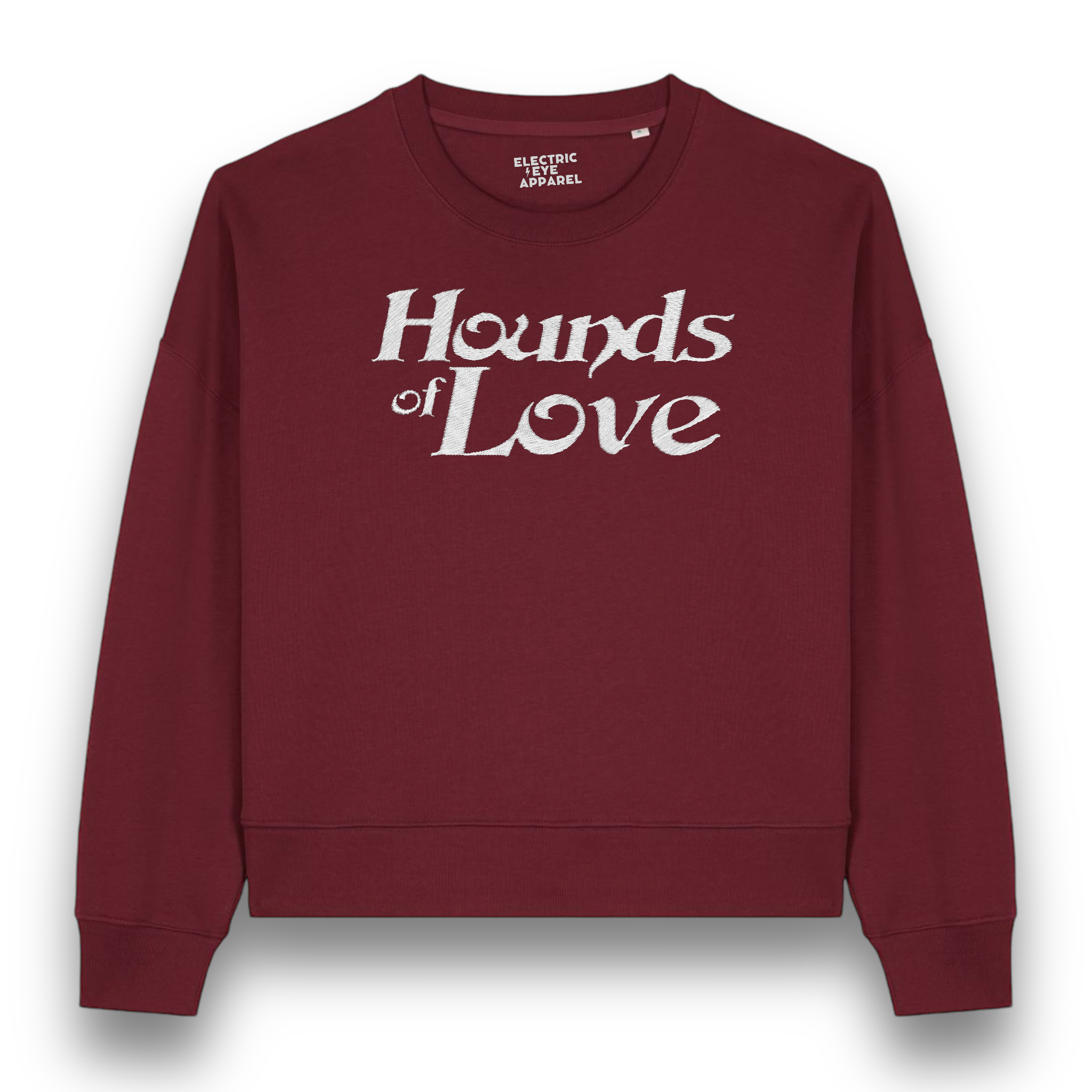 'HOUNDS OF LOVE' embroidered organic women's 90s dropped shoulder 'alma' sweatshirt inspired by Kate Bush - choose your own embroidery colour