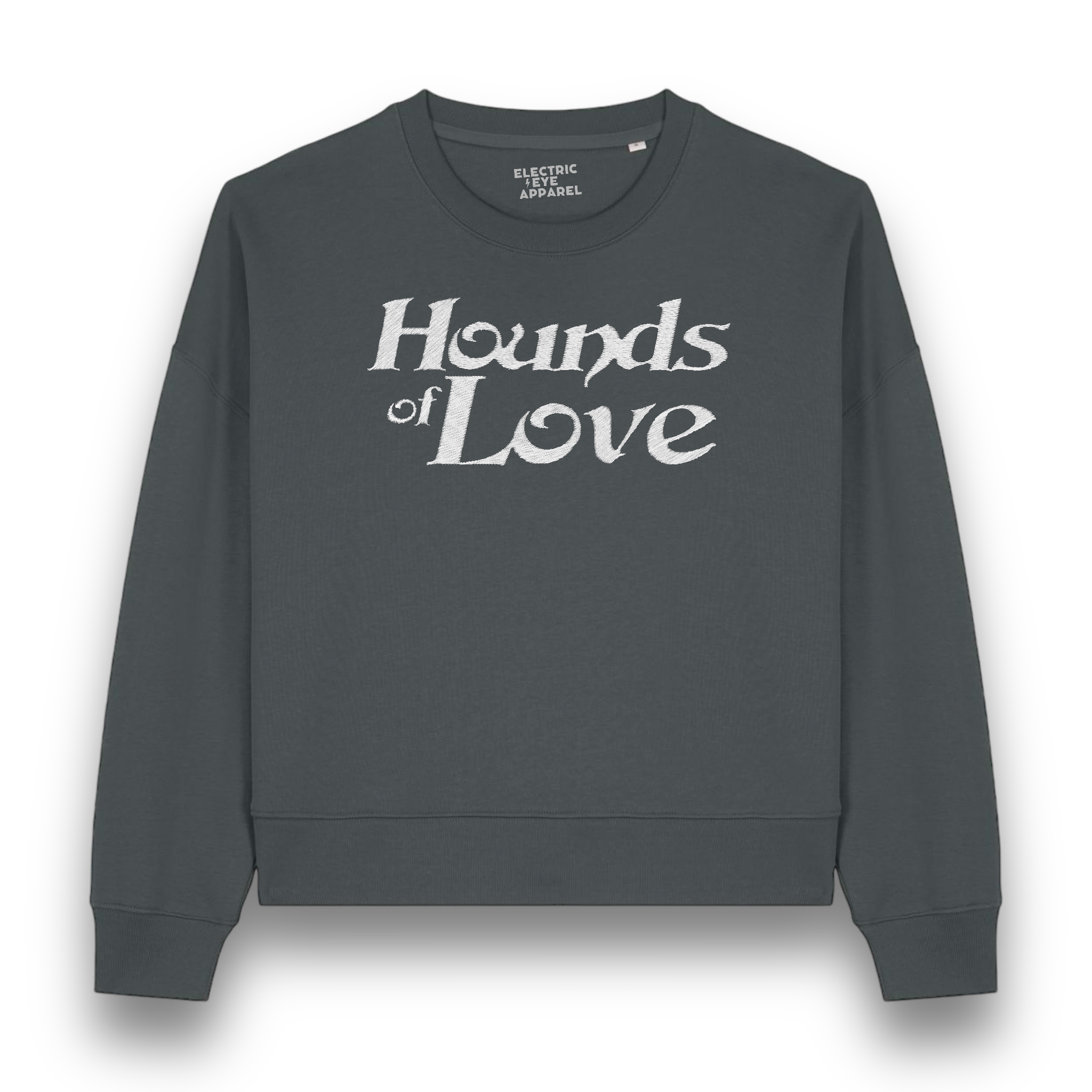 'HOUNDS OF LOVE' embroidered organic women's 90s dropped shoulder 'alma' sweatshirt inspired by Kate Bush - choose your own embroidery colour