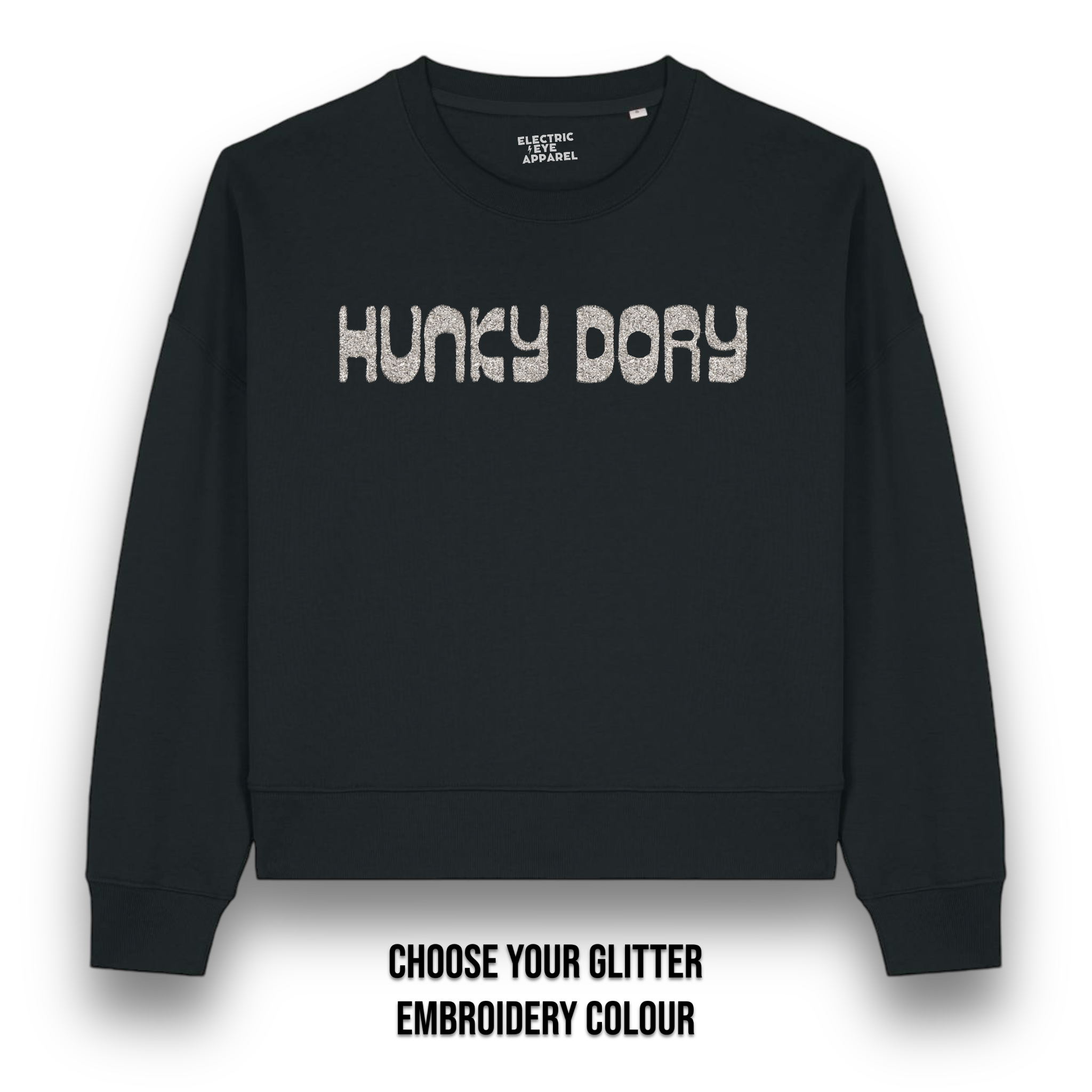 'HUNKY DORY' glitter embroidered organic women's dropped shoulder 'alma' sweatshirt - inspired by David Bowie